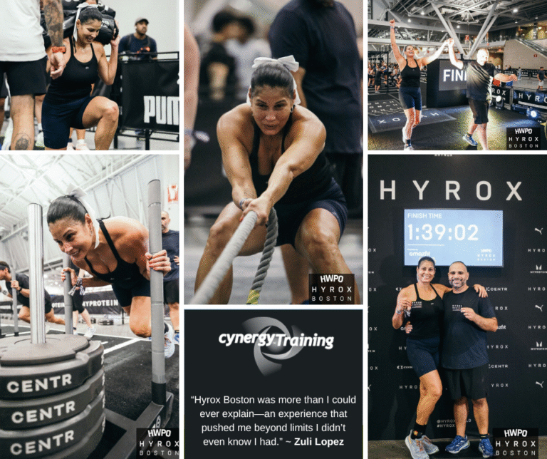 A collage of women participating in a fitness competition, including lifting weights, pushing a sled, and celebrating with a partner at the finish line, with a quote about Hyrox Boston.