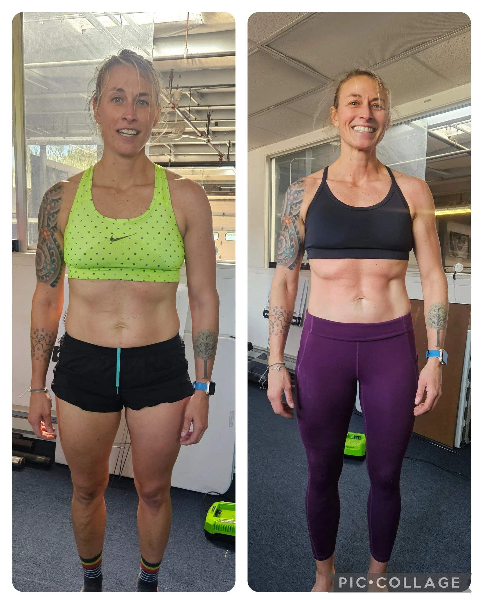 Side-by-side photos of a fit woman with tattoos, one before and one after workout. In the first photo, she wears a neon green sports bra and black shorts, in the second, she wears a black sports bra and purple leggings. She is smiling in the second photo.