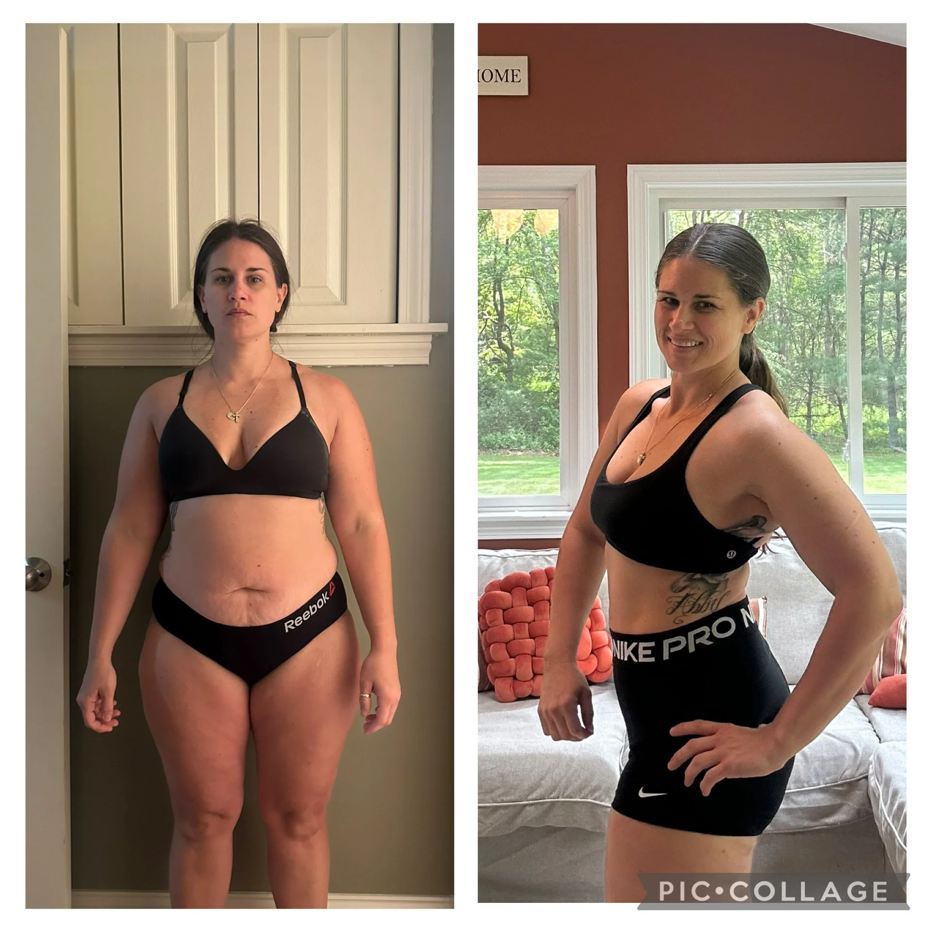 Before and after photos of a woman showing weight loss progress. In the left image, she stands in front of a closet, showing her full body with visible weight. In the right image, she poses indoors with a window view, smiling and showing her toned physique.