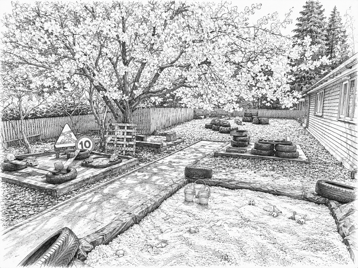 A black-and-white sketch of a backyard playground with a large tree, a wooden fence, and a house on the right. Playground equipment includes a sandbox with toy cars, buckets, and shovels, as well as tires and logs used for climbing and play. A path runs through the garden, and fallen leaves cover the ground.