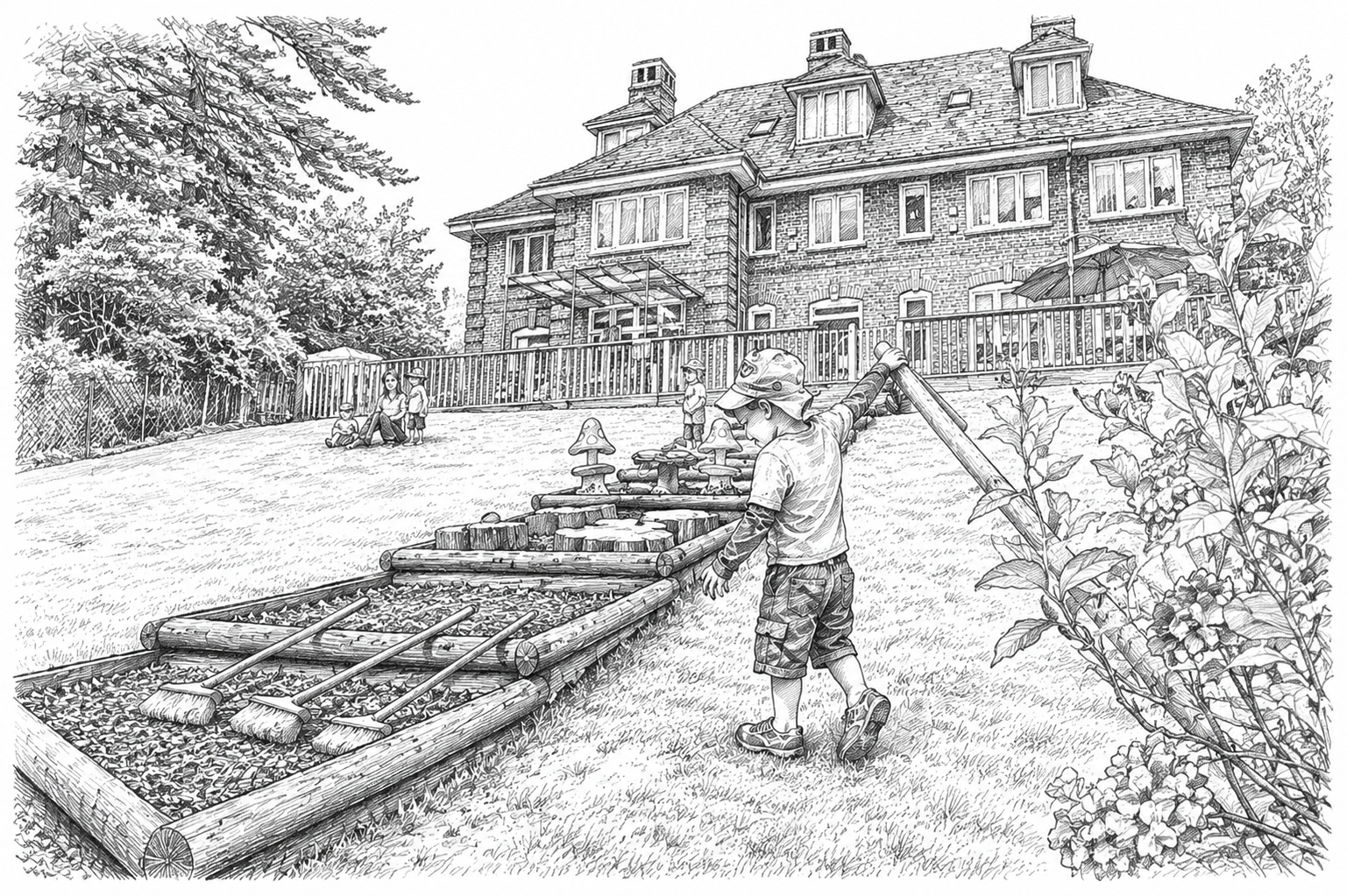 Children playing on a grassy yard in front of a large brick house, with some pushing lawn equipment and others sitting or standing near the house, surrounded by trees and plants.