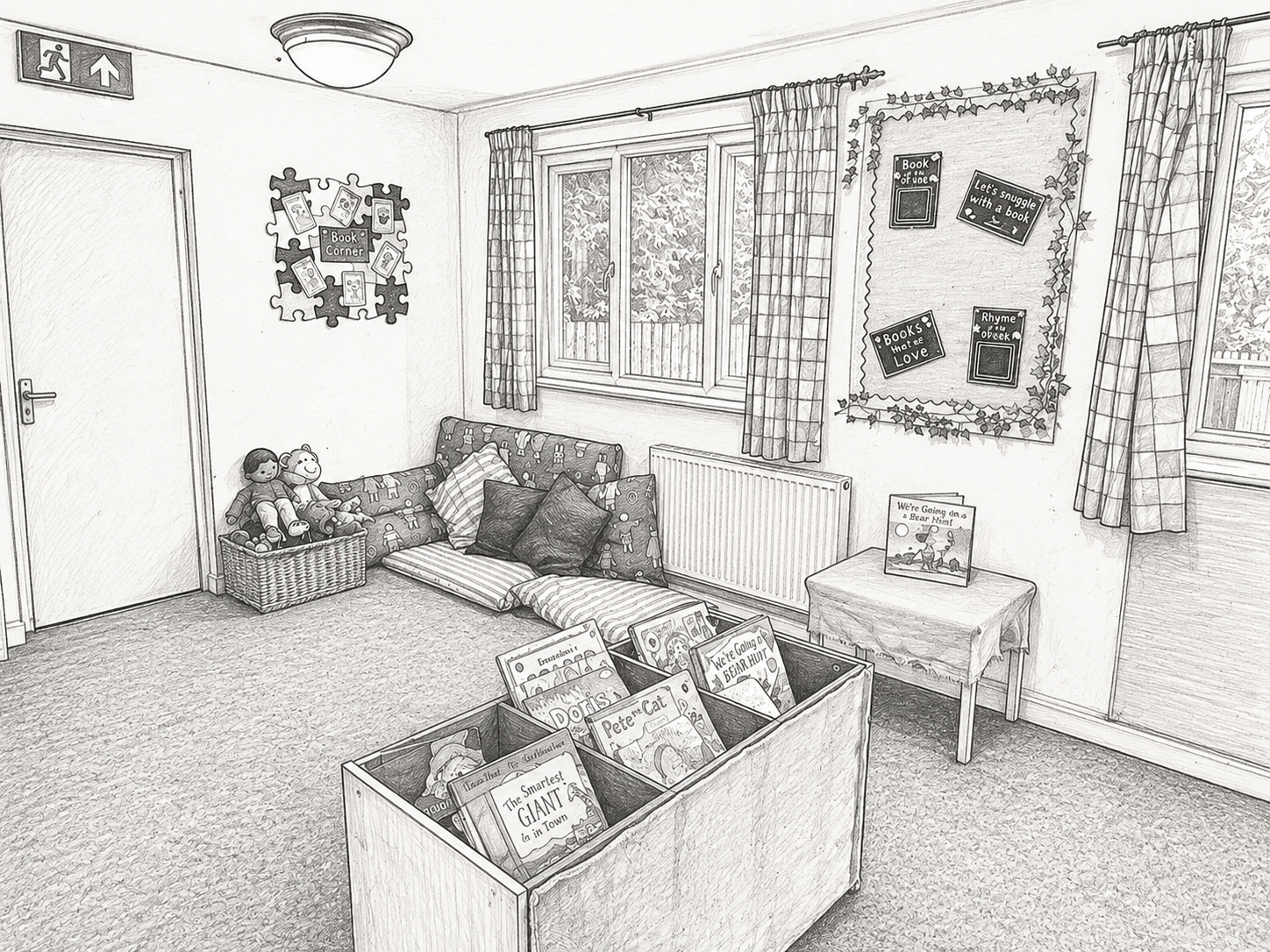 A cozy reading corner with a sofa, cushions, and stuffed toys near a window, surrounded by bookshelves and decorative bulletin boards with books and quotes in a children's room.