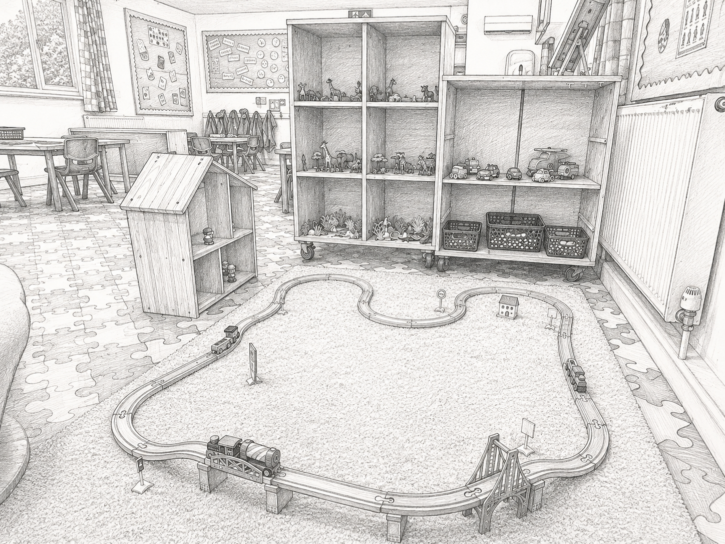 A classroom with a train set on a rug in the center and storage shelves filled with toy animals, cars, and baskets. There are desks and chairs, educational posters, and a window with curtains.
