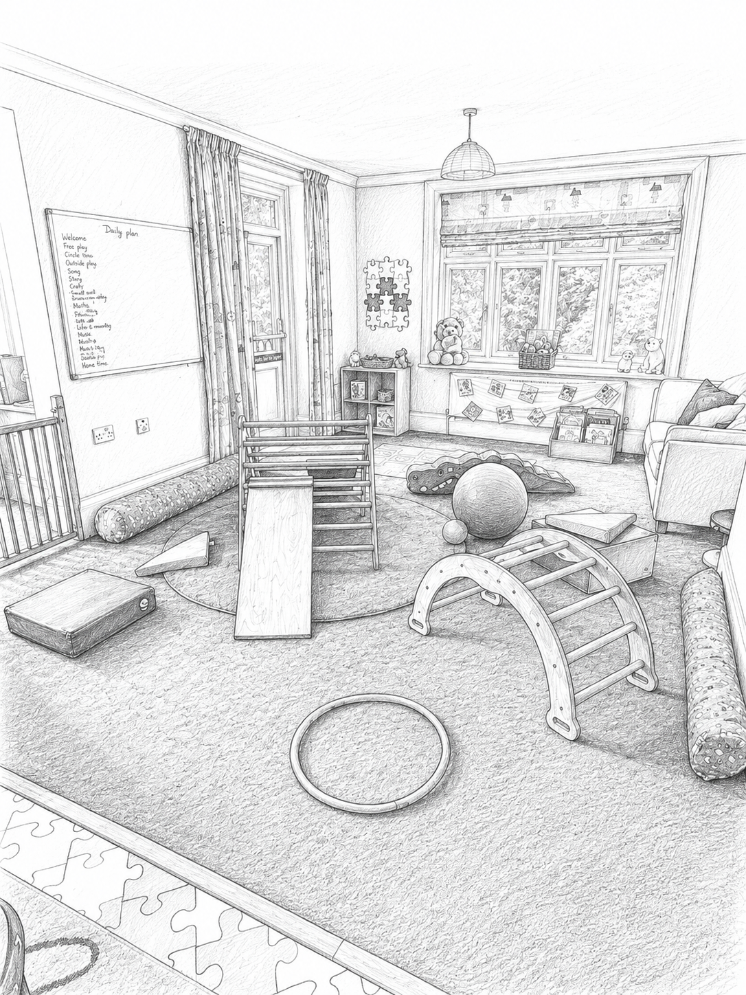 Children's playroom with toys, climbing structures, and a whiteboard on the wall.