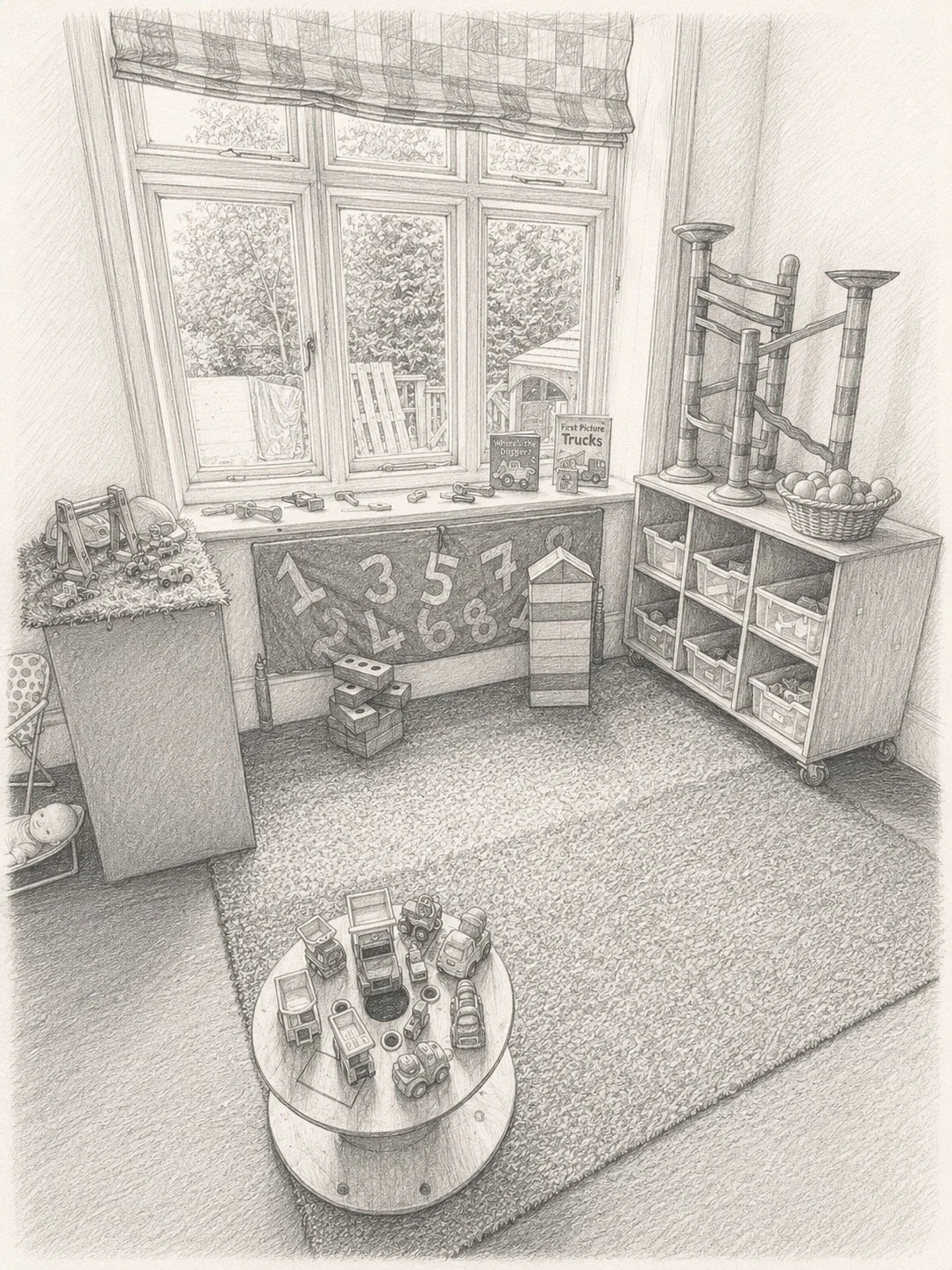 A child's playroom with toys on shelves, a table with toy vehicles, and books on a windowsill, with a window showing a yard outside.