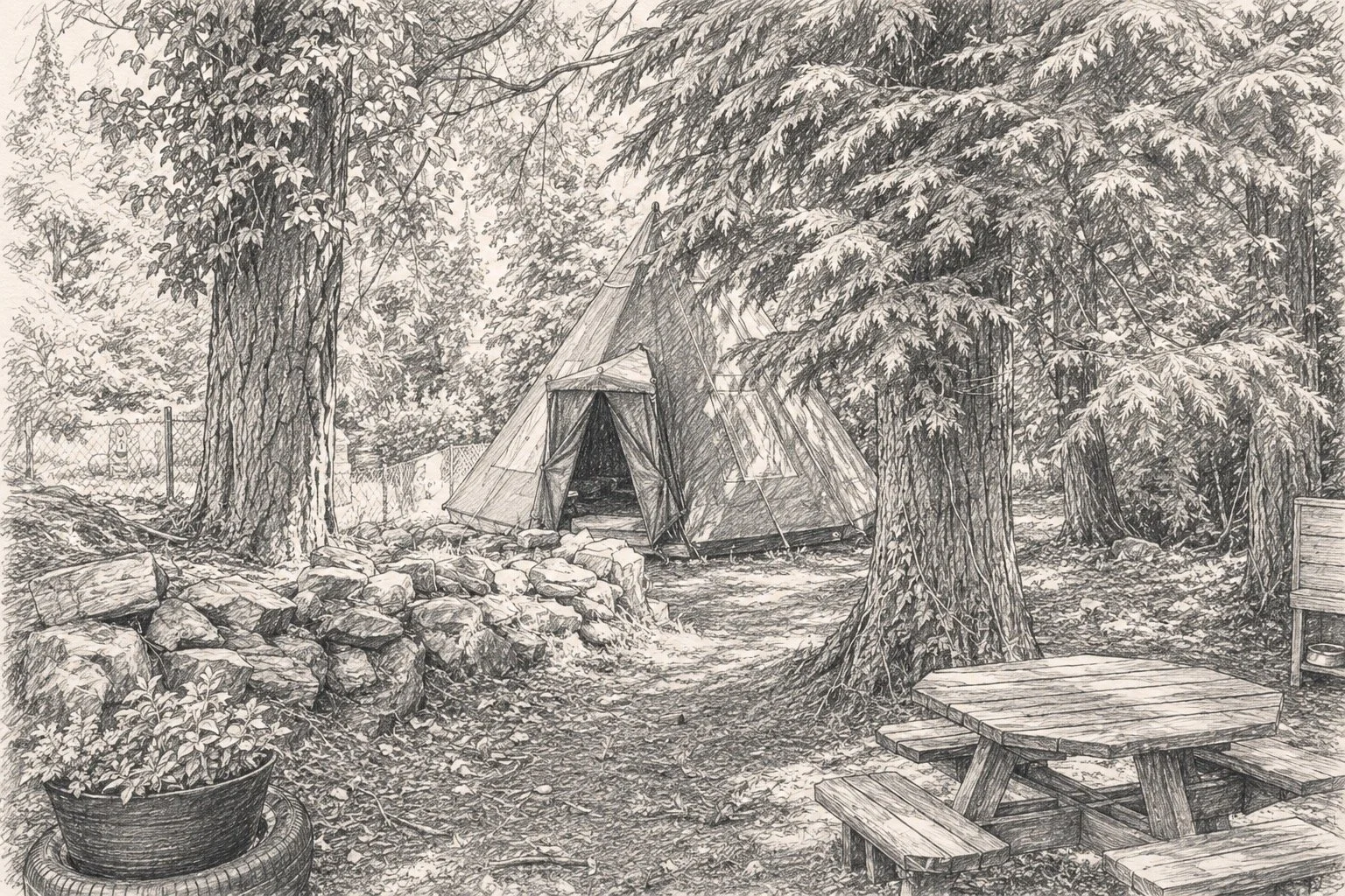 Black and white sketch of a forest campsite with a tent, large trees, a picnic table, a flower pot, and a stone wall.