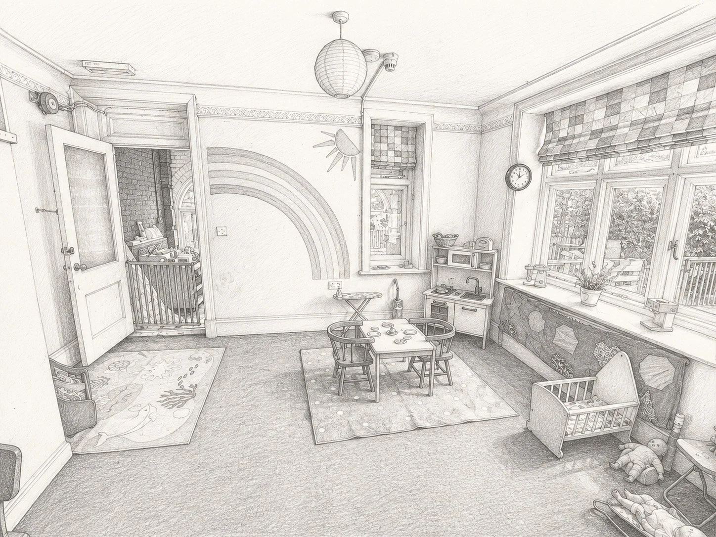 A black and white sketch of a child's playroom with a small table and chairs, a toy crib, stuffed animals, and a large window overlooking a garden.