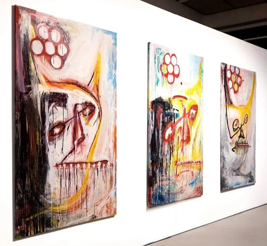 PIGSY installation view showing mixed media paintings on canvas in gallery