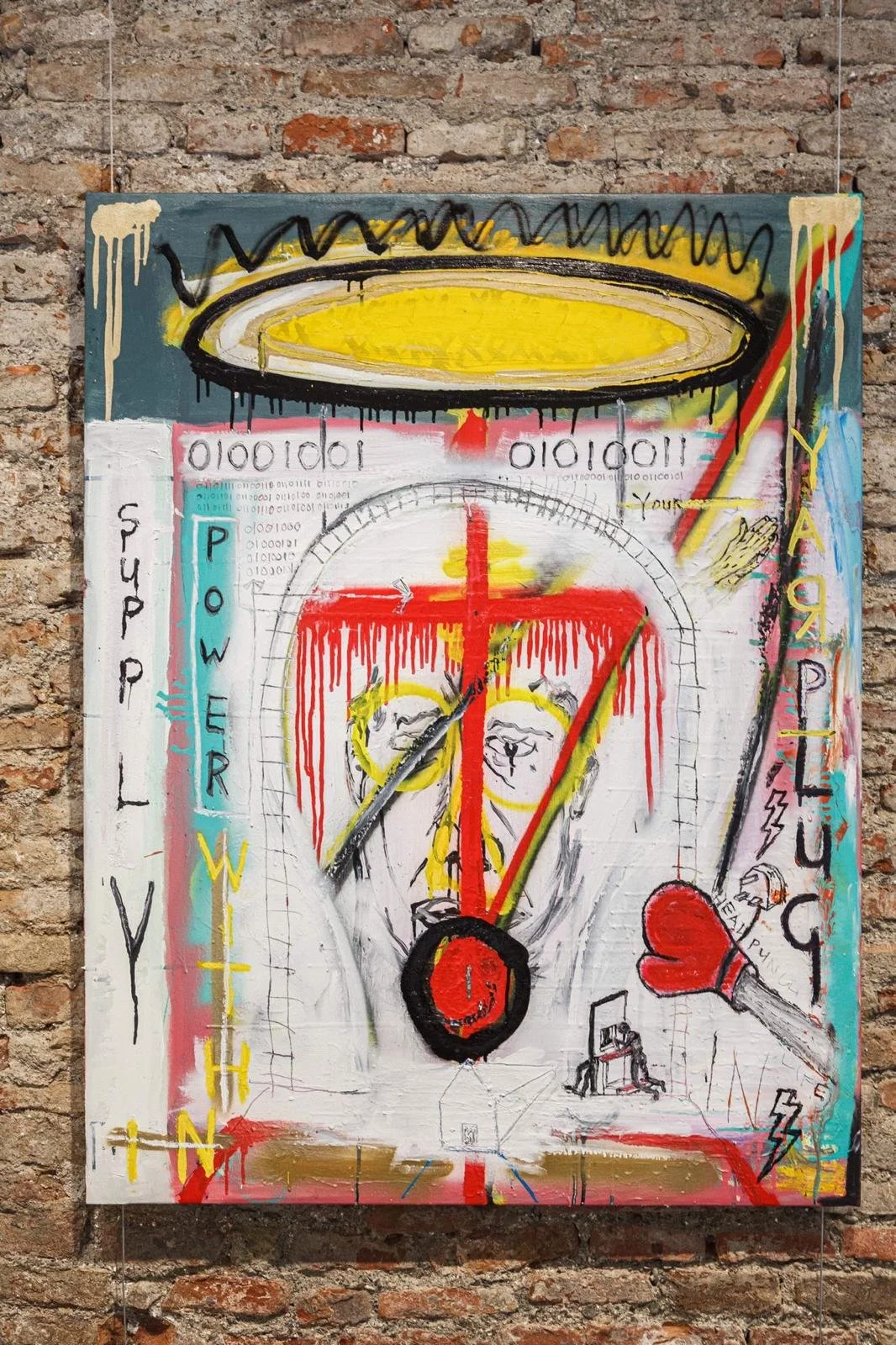 Large mixed media painting by PIGSY featuring halo motif and symbolic figure, from “I Went To Mass” exhibition, La Casa Amarilla Malaga 2021