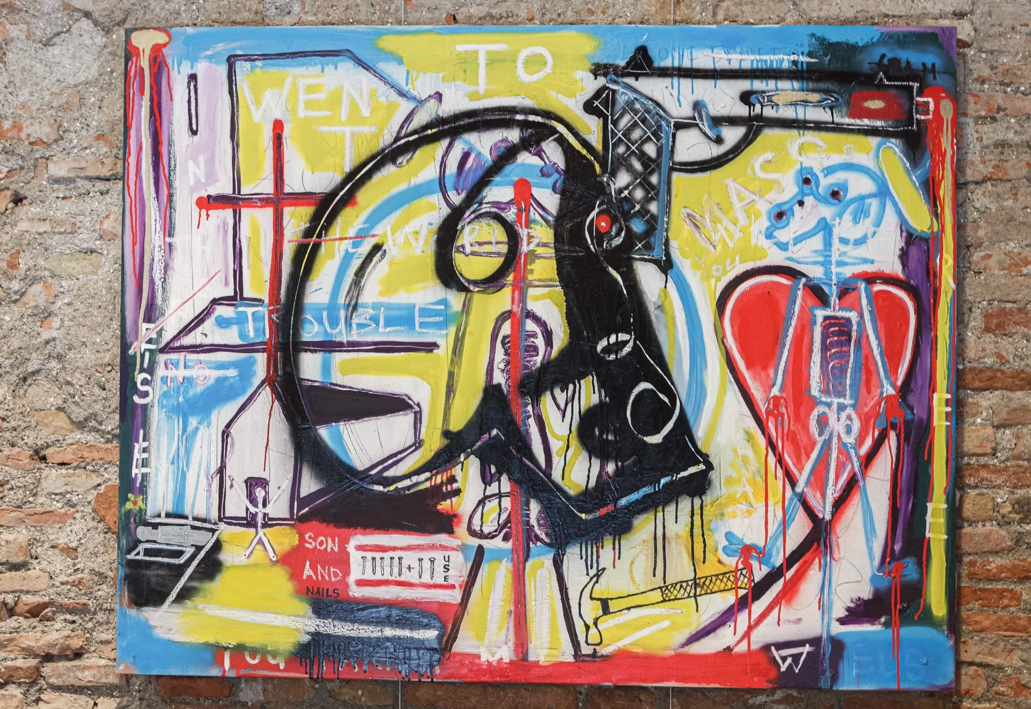 Expressive mixed media painting by PIGSY featuring fragmented figure and symbolic forms, from “I Went To Mass” exhibition Malaga 2021