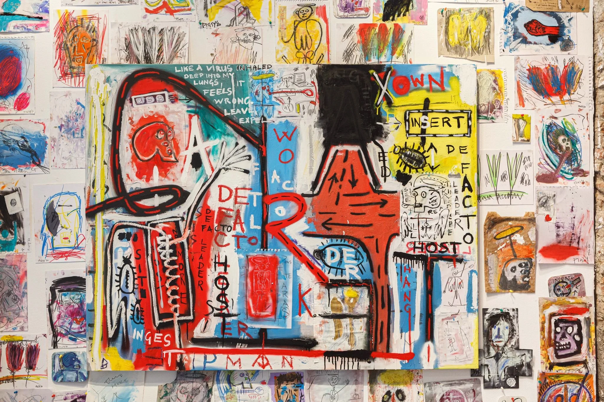 Mixed media painting layered over grid of drawings by PIGSY, part of immersive installation at La Casa Amarilla Malaga 2021