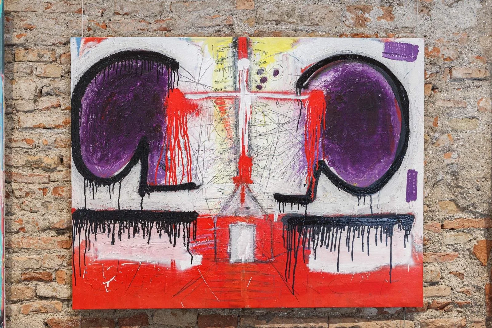 Diptych painting by PIGSY with abstract lung-like forms and red cross motif, shown at La Casa Amarilla Malaga 2021