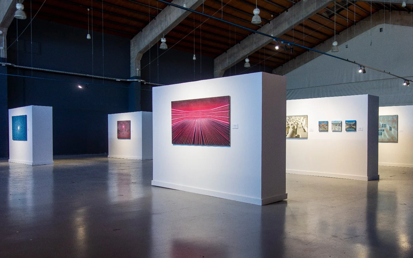 Fernando Molero paintings installed on freestanding walls in gallery, exploring spatial illusion, atmosphere and the behaviour of light