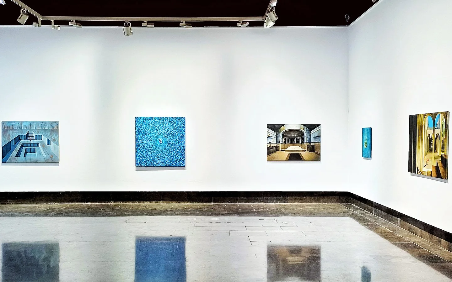 Fernando Molero abstract paintings installed on white gallery wall, emphasising light, depth and perceptual space