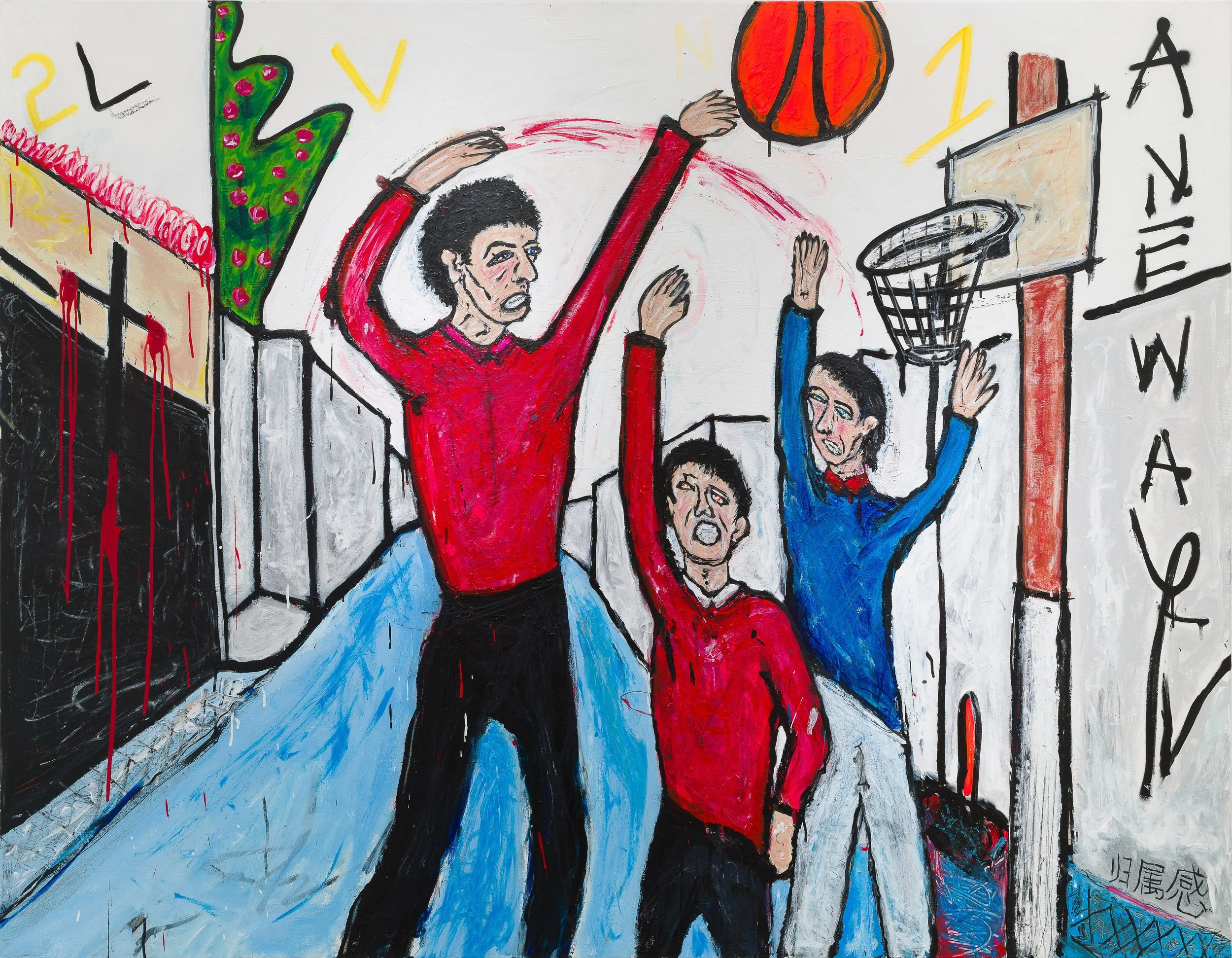 Laneway  - 140 cm H x 180 cm W - Acylic,  Spray Paint, Oil Pastels, Oil Stick, Marker, and Pencil on Canvas 