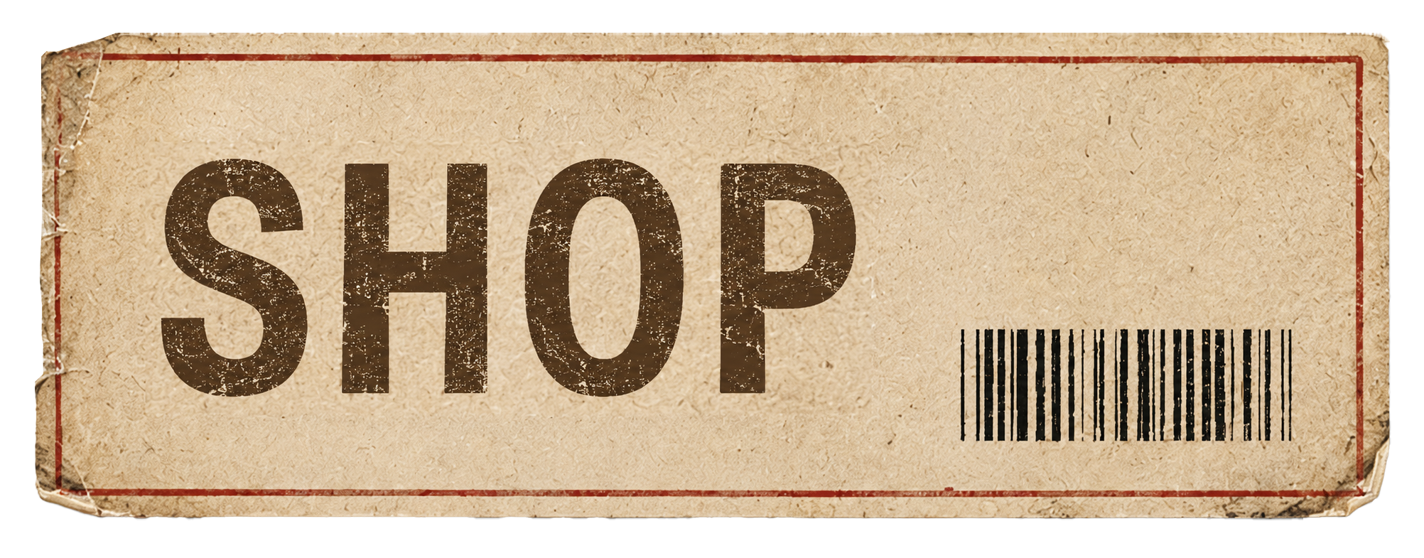 A vintage-style paper shop label with the word 'SHOP' in bold black letters and a barcode on the right side.
