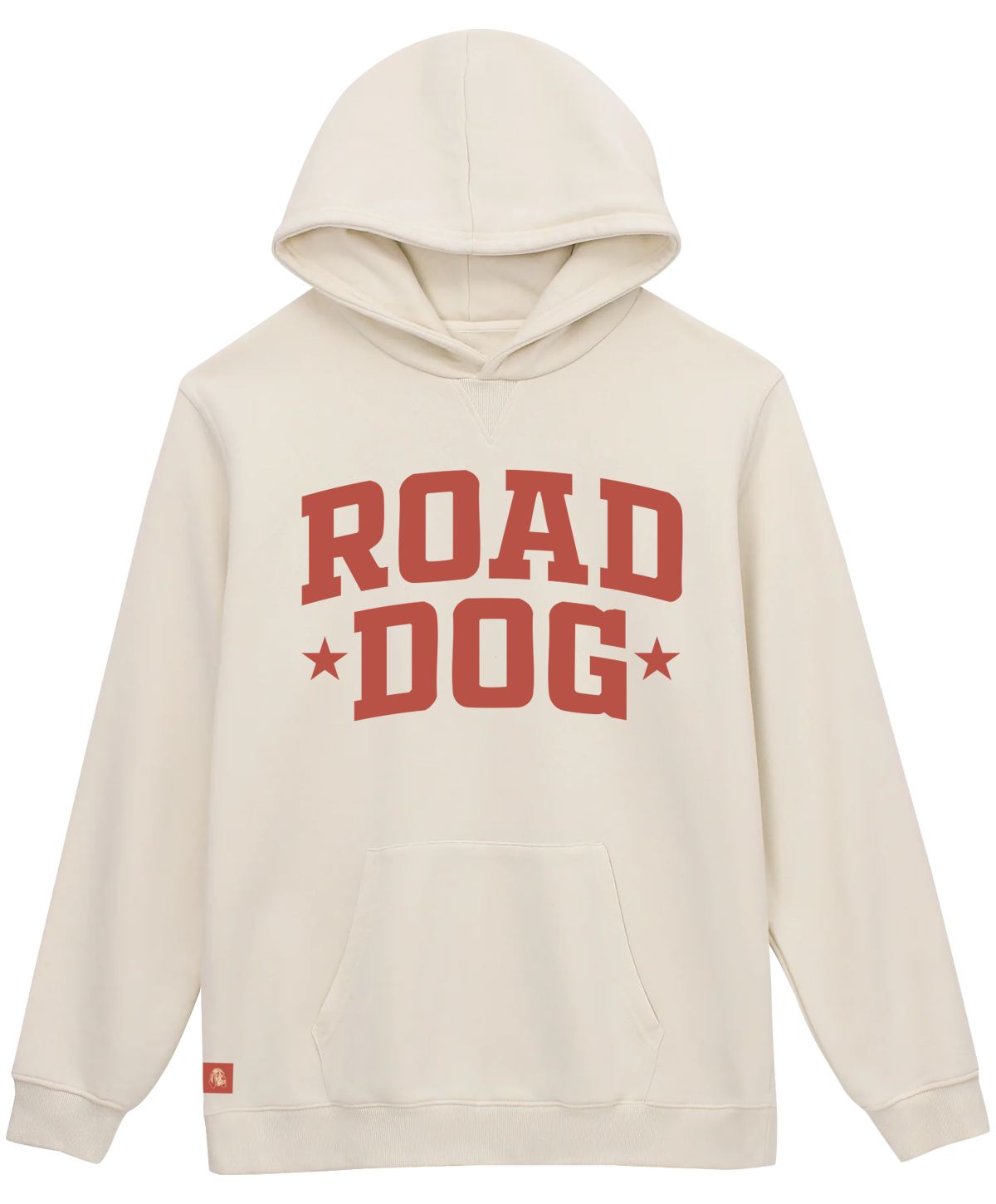 White hoodie with red text that says "ROAD DOG" and two stars on either side of the word "DOG."