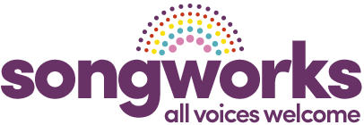 Text reading Songworks - all voices welcome, with a logo of a rainbow