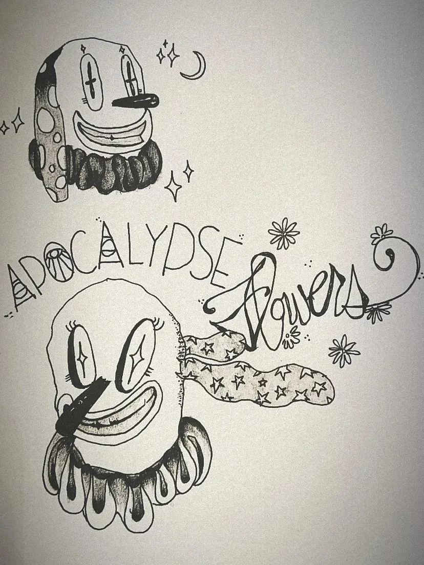 Black and white drawing of two cartoonish faces resembling ducks, surrounded by stars, flowers, and a crescent moon, with stylized text reading 'Apocalyptic Ducks' and other decorative elements.
