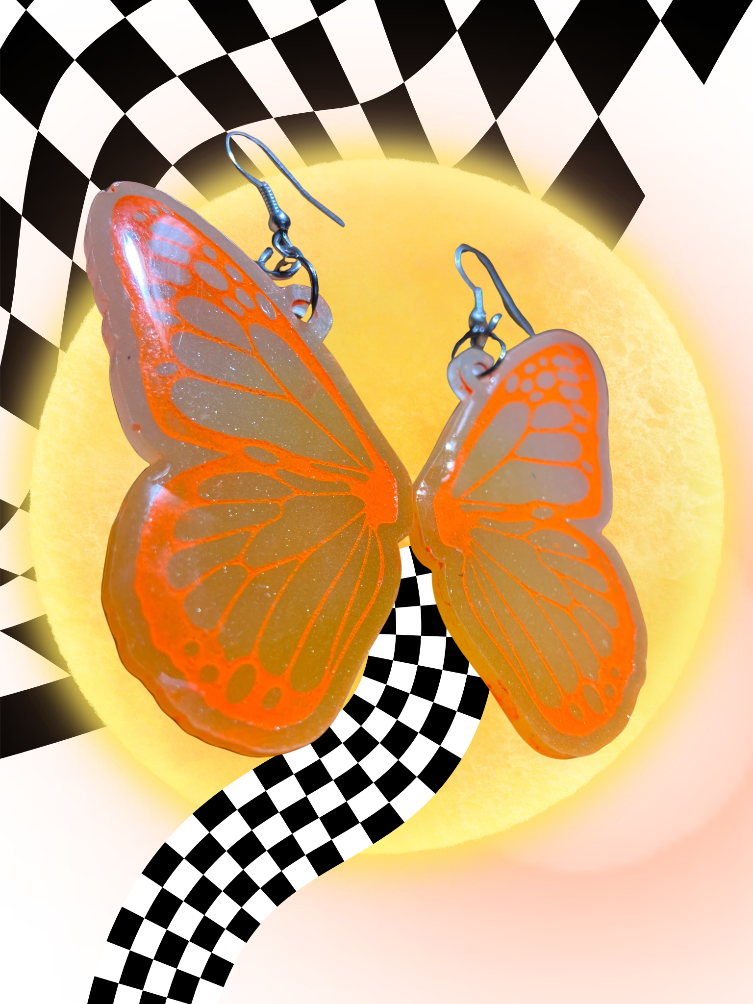 Resin Earrings - Orange Juice Butterfly Wings GITD
