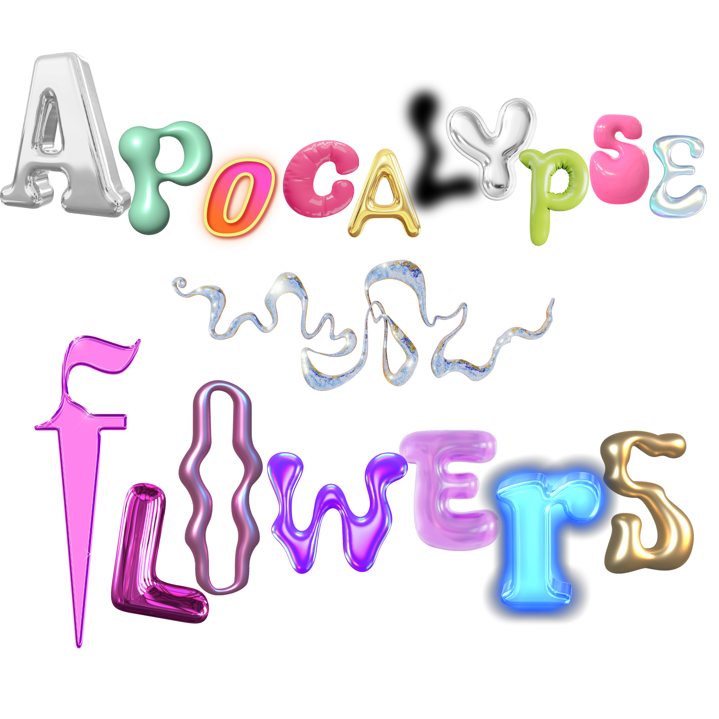 Colorful, shiny balloon letters spell out 'APOCALYSE FLOWERS' on a black background.