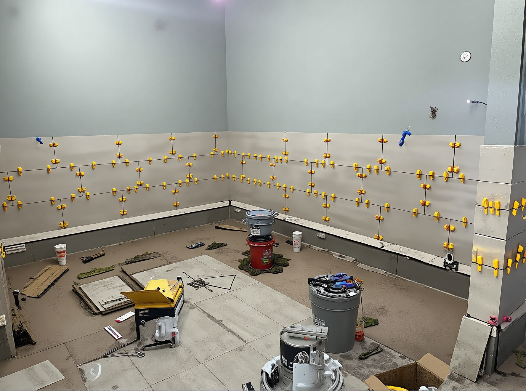 The image shows a room under renovation, with insulation and spacers for tile installation on the walls. Various construction tools, buckets, and materials are scattered across the floor.