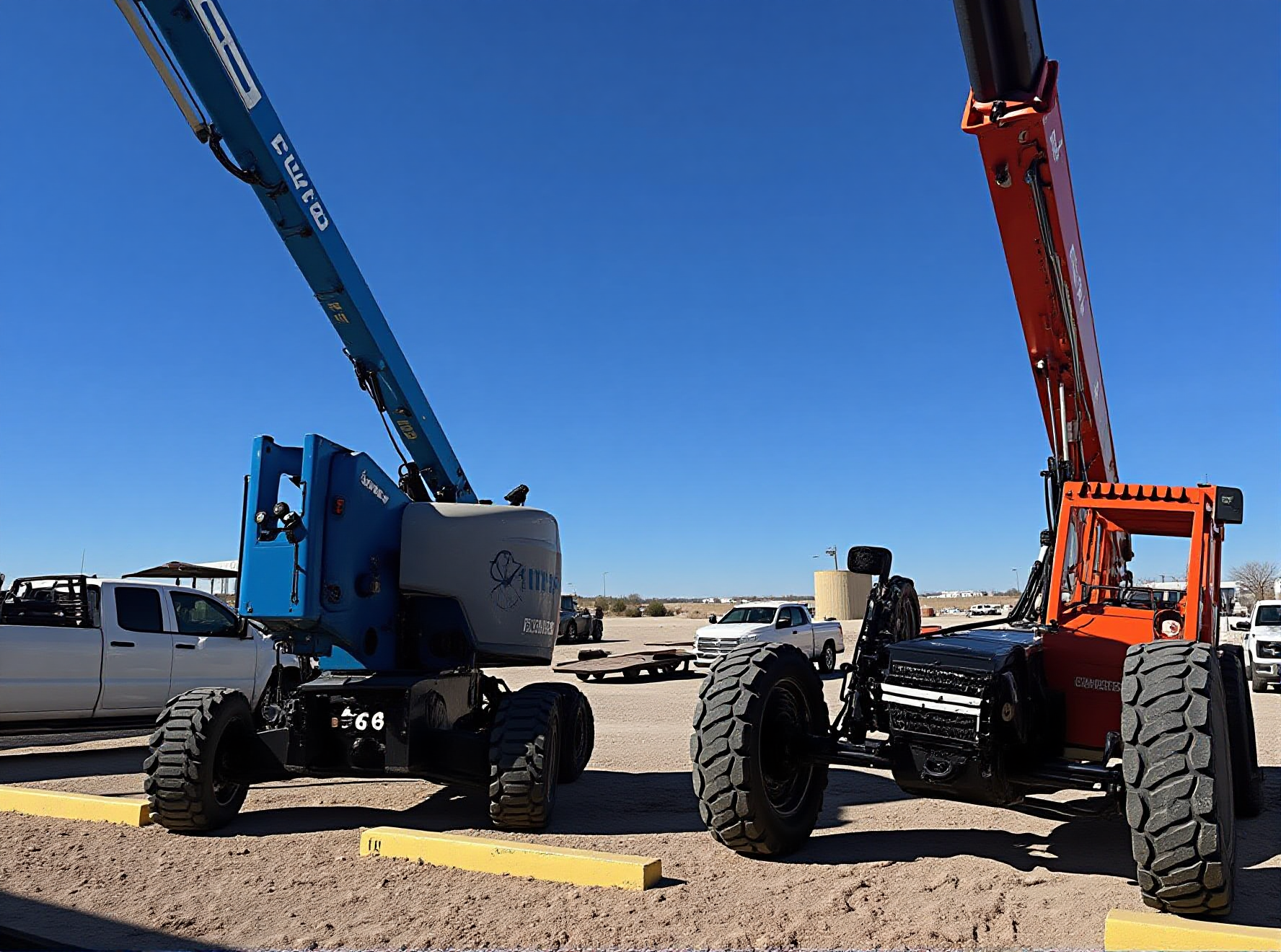 Two construction cranes, one blue and one orange, parked in a lot with several vehicles beneath a clear blue sky.