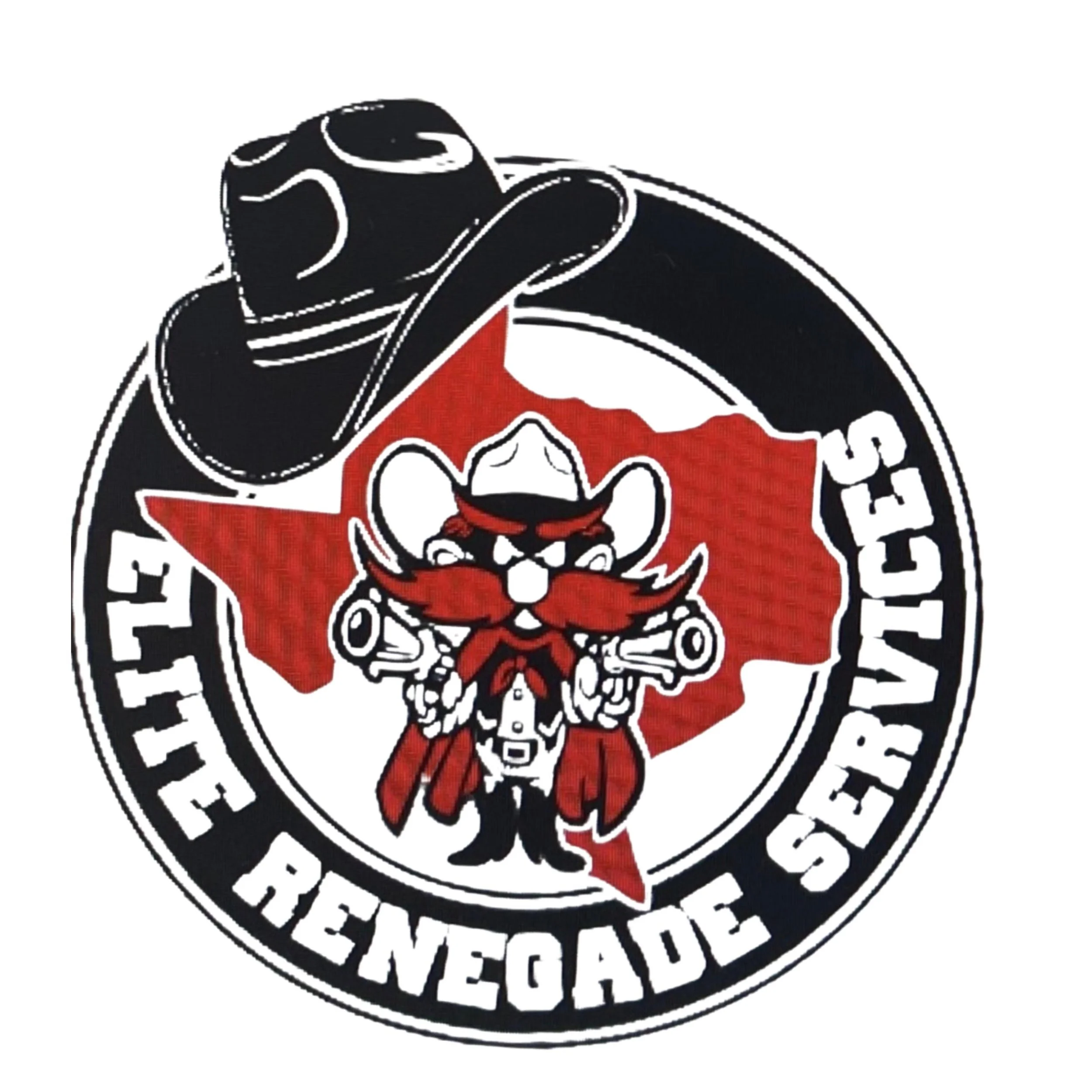 A circular emblem with a cowboy mouse holding guns, with a cowboy hat and red bandana, in front of a red star and a U.S. map background. The text reads 'The Renegade S.CS'.