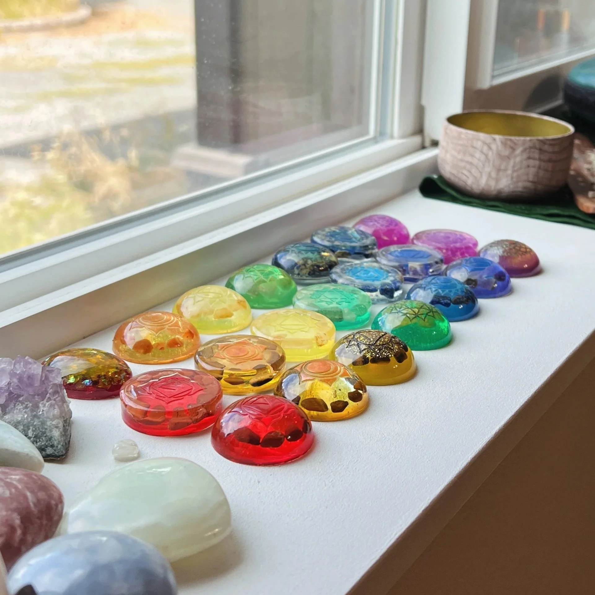 Chakra Buttons, resin and crystals