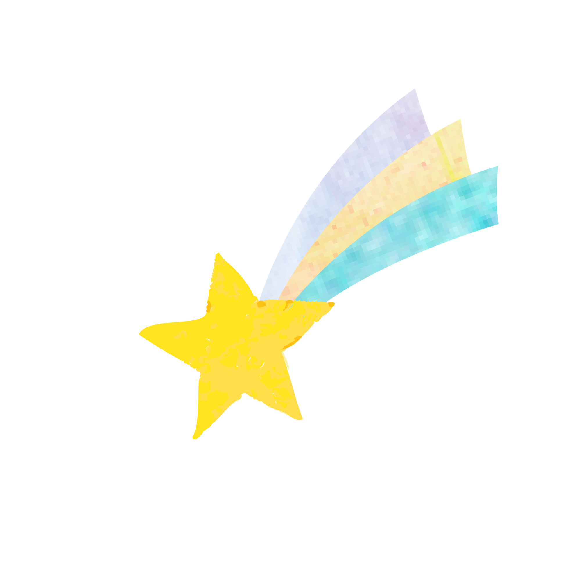 A stylized yellow star with a rainbow trail consisting of five pixelated rainbow colors extending from its right side. The trail curves upward to the right against a black background.