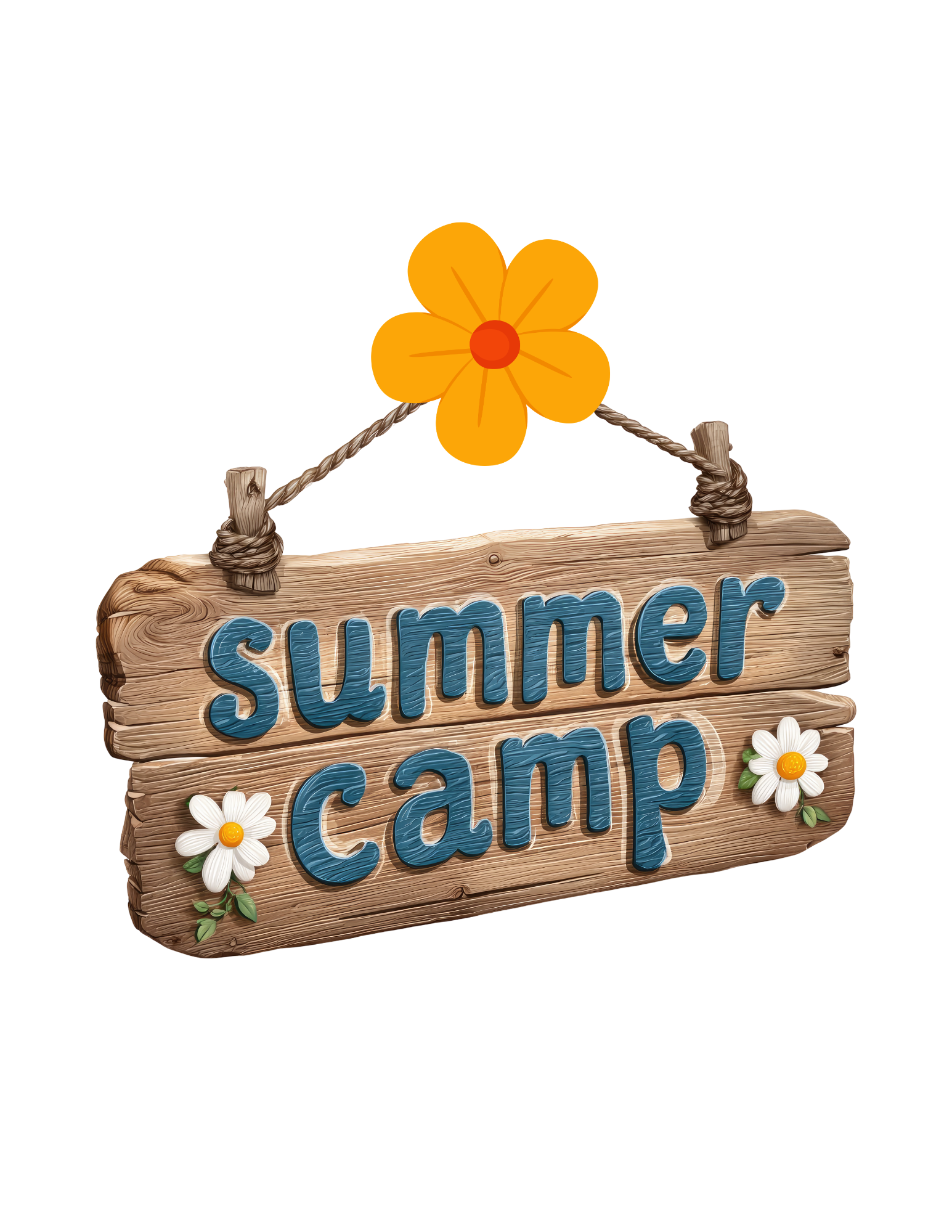 Wooden sign hanging from a rope with a flower at the top and daisies at the bottom, reading 'summer camp' in blue letters.
