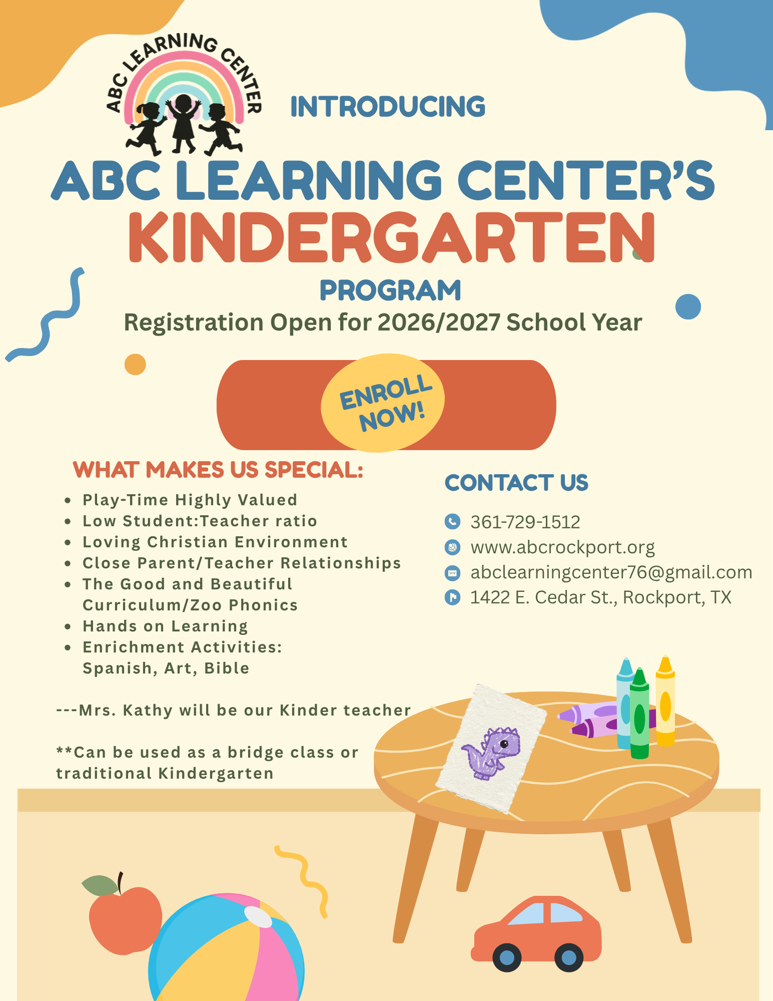 Flyer for ABC Learning Center's kindergarten program registration for 2026-2027. Features a colorful design with cartoon children, a rainbow, crayons, a drawing of a dinosaur, a ball, an apple, and a toy car.