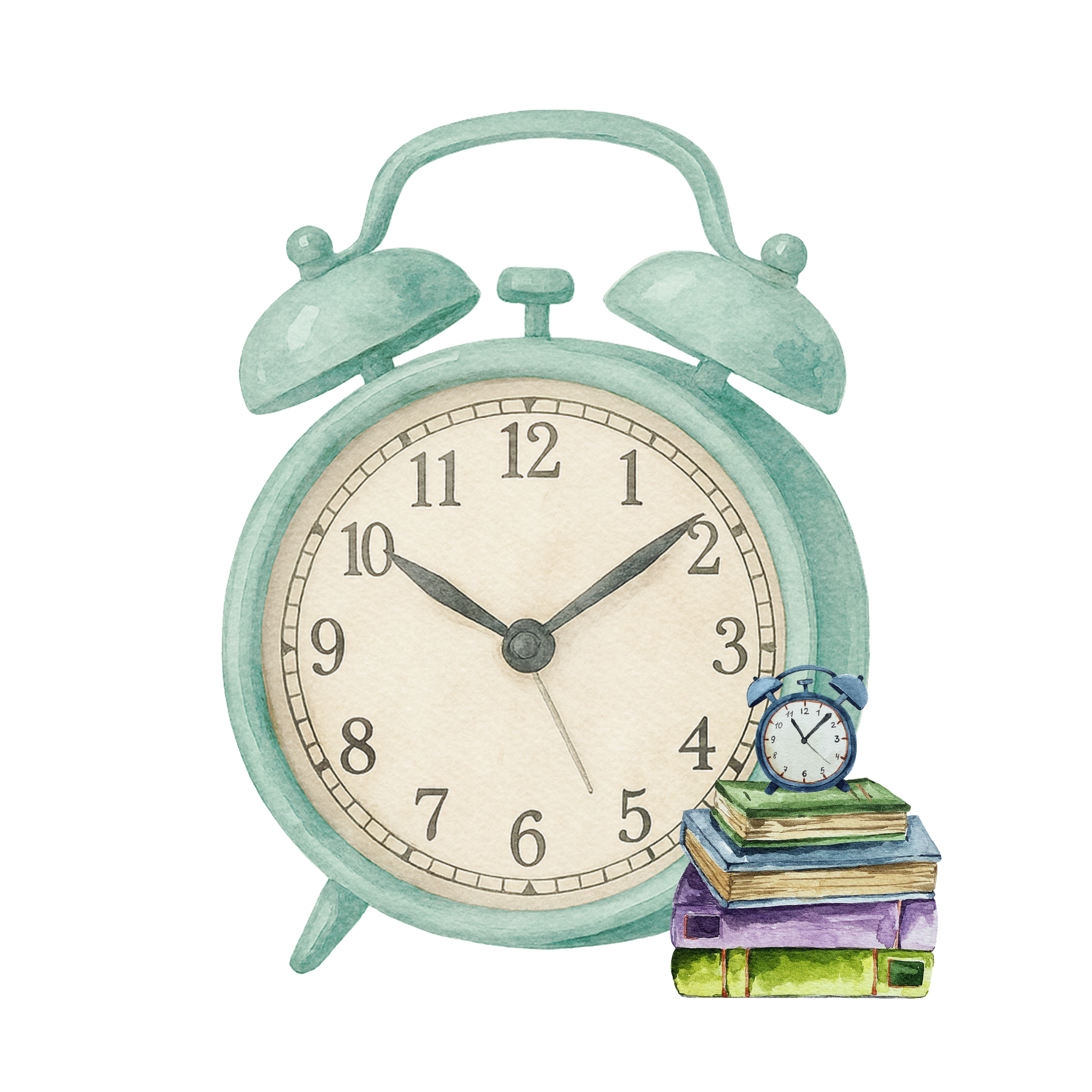 Watercolor illustration of a large vintage alarm clock with a smaller alarm clock and stacks of books next to it.