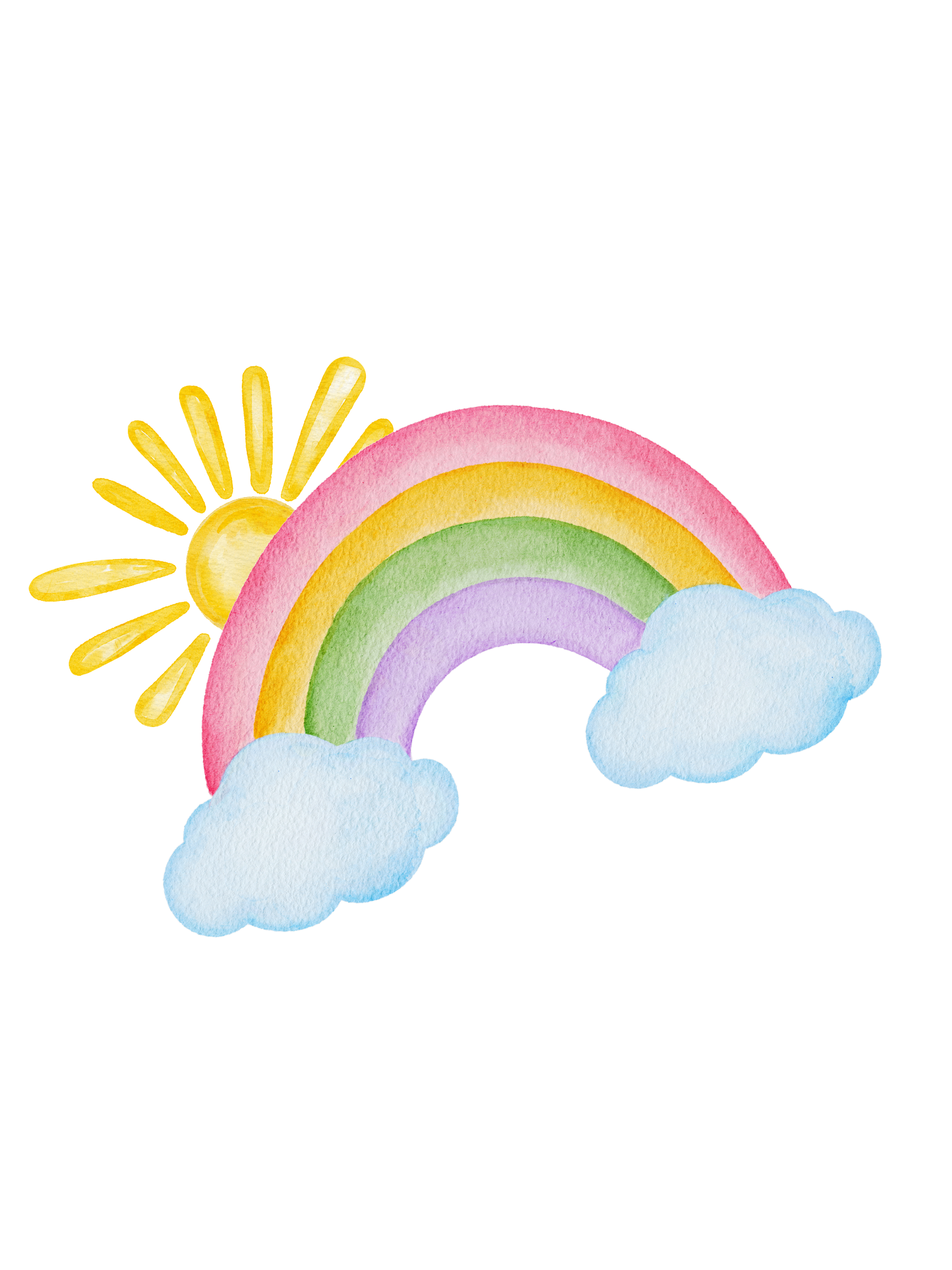 A colorful drawing of a yellow sun, a rainbow with pink, yellow, green, and purple bands, and two blue clouds.