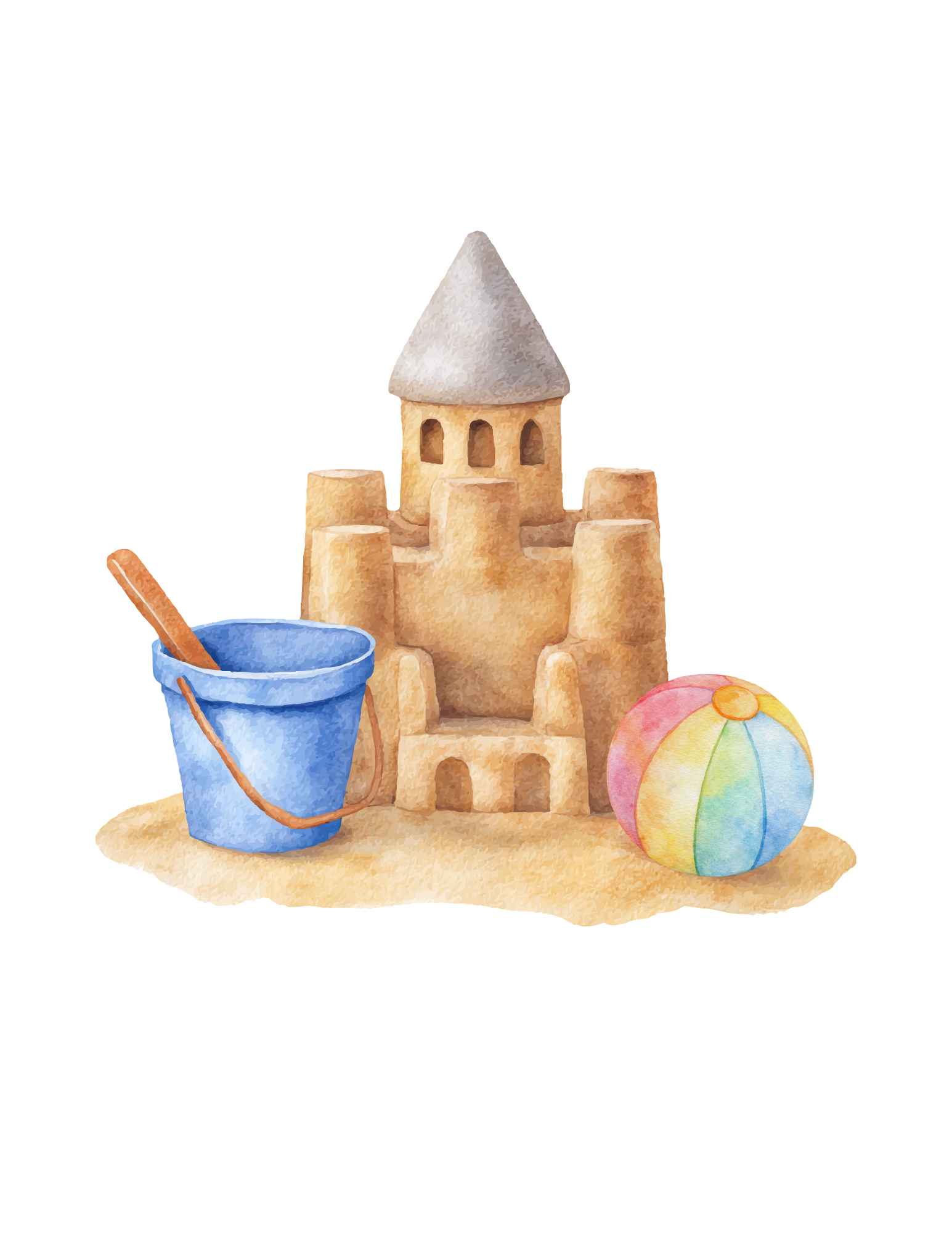 A watercolor painting of a sandcastle on a sandy surface with a colorful beach ball and a blue bucket with a wooden stick, set against a plain background.
