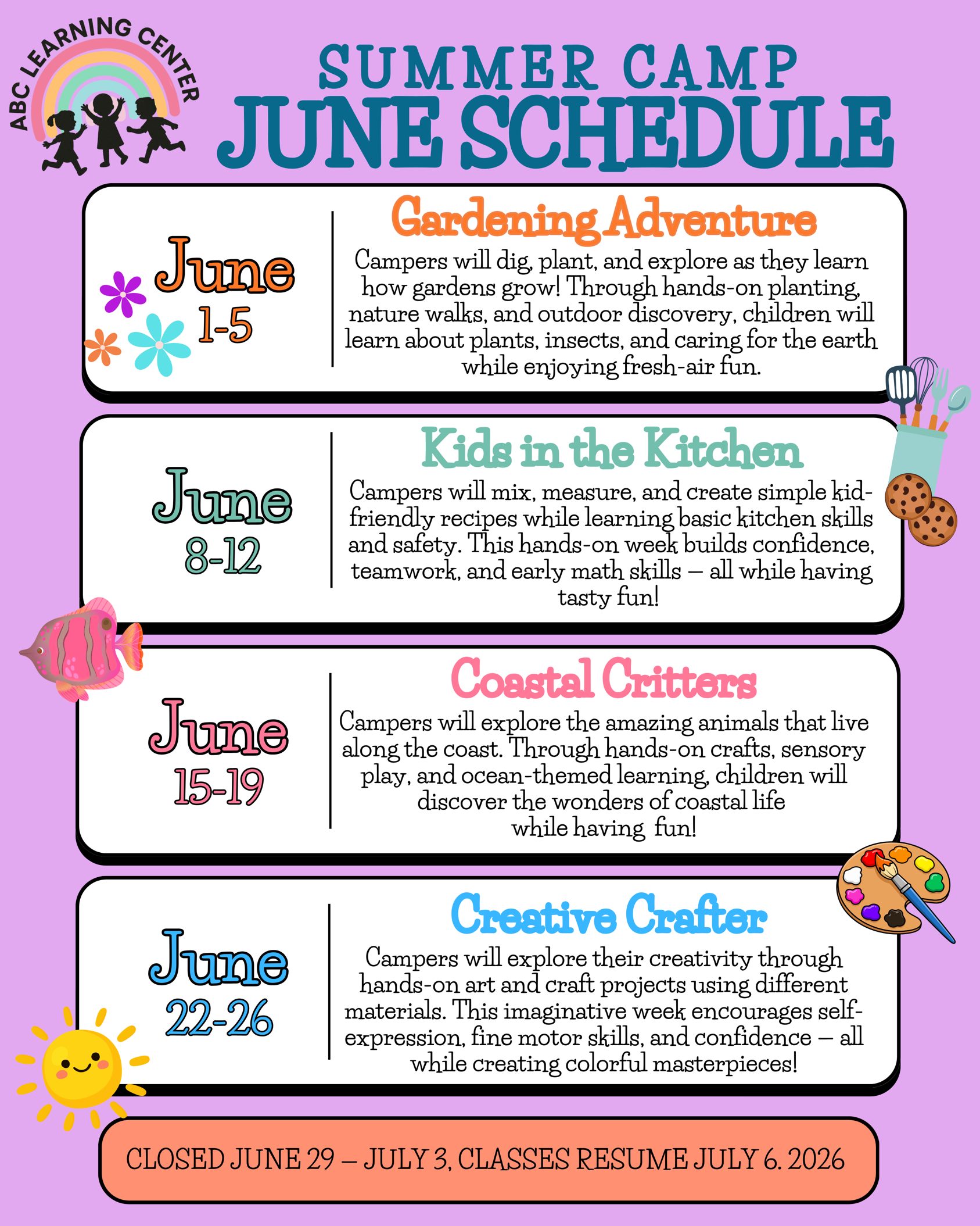 Summer camp schedule poster with four activities: Gardening Adventure, Kids in the Kitchen, Coastal Critters, and Creative Crafter, all in June.