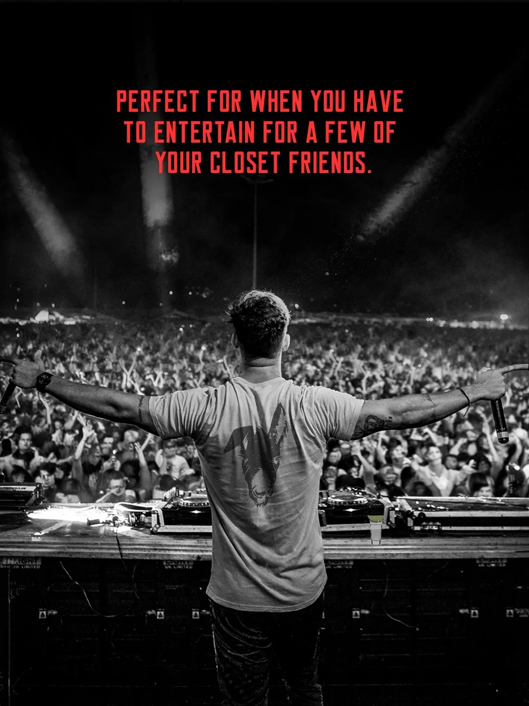 A DJ performs at a concert with a large crowd in front of him. The scene is black and white, with the DJ facing away, arms outstretched, and a quote in red text above him.
