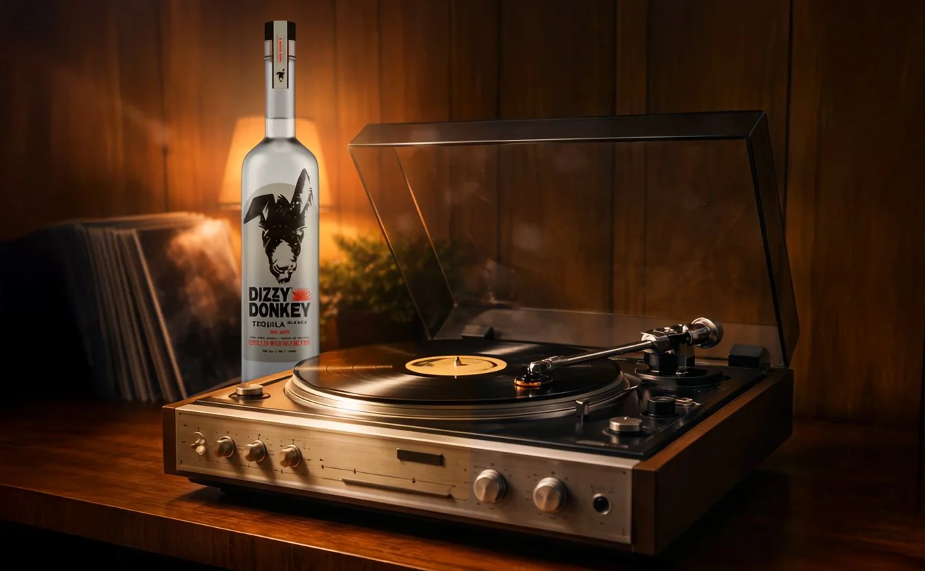 A vintage record player on a wooden table with a bottle of Dizzy Donkey tequila next to it, in a cozy, warmly lit room with wood-paneled walls.