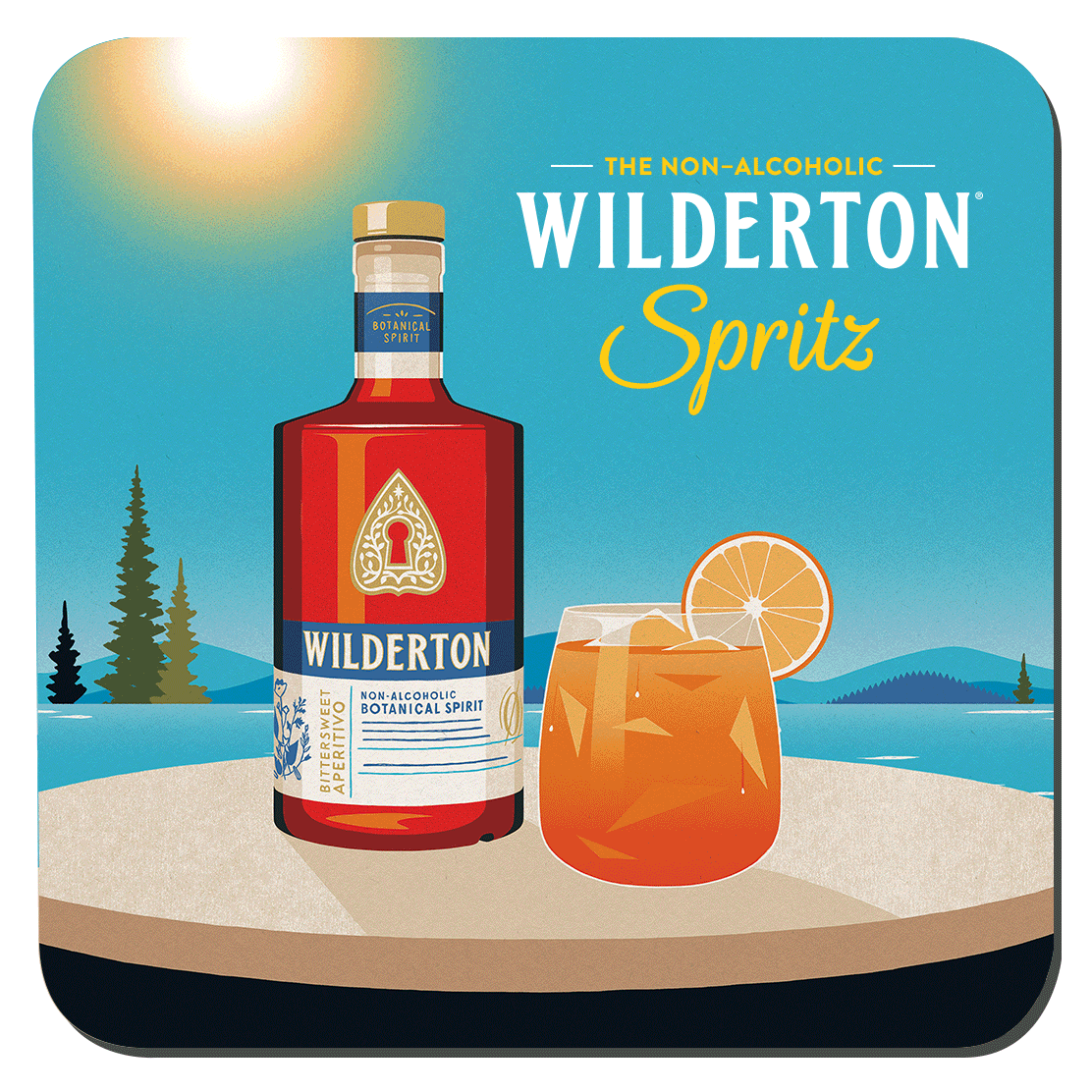 An illustrated label of Wilderton Spritz non-alcoholic botanical spirit bottle and a glass with an orange slice, set against a beach and lake background with evergreen trees and a bright sun.
