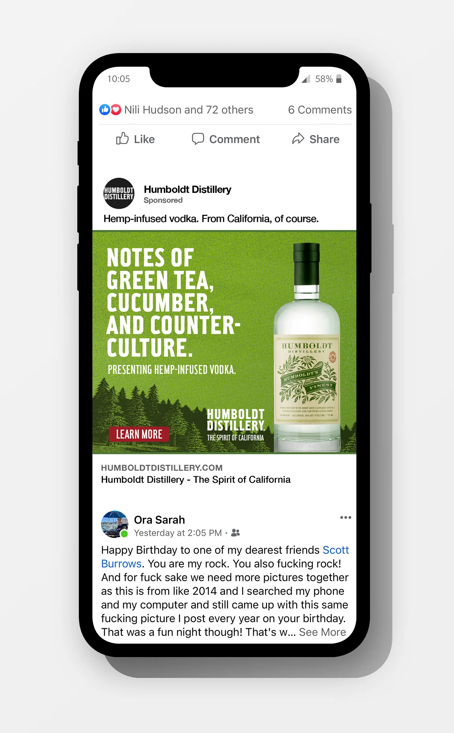 A Facebook post shown on a smartphone screen, featuring an advertisement for Humboldt Distillery's hemp-infused vodka, with a green background, bottle image, and a red "Learn More" button.