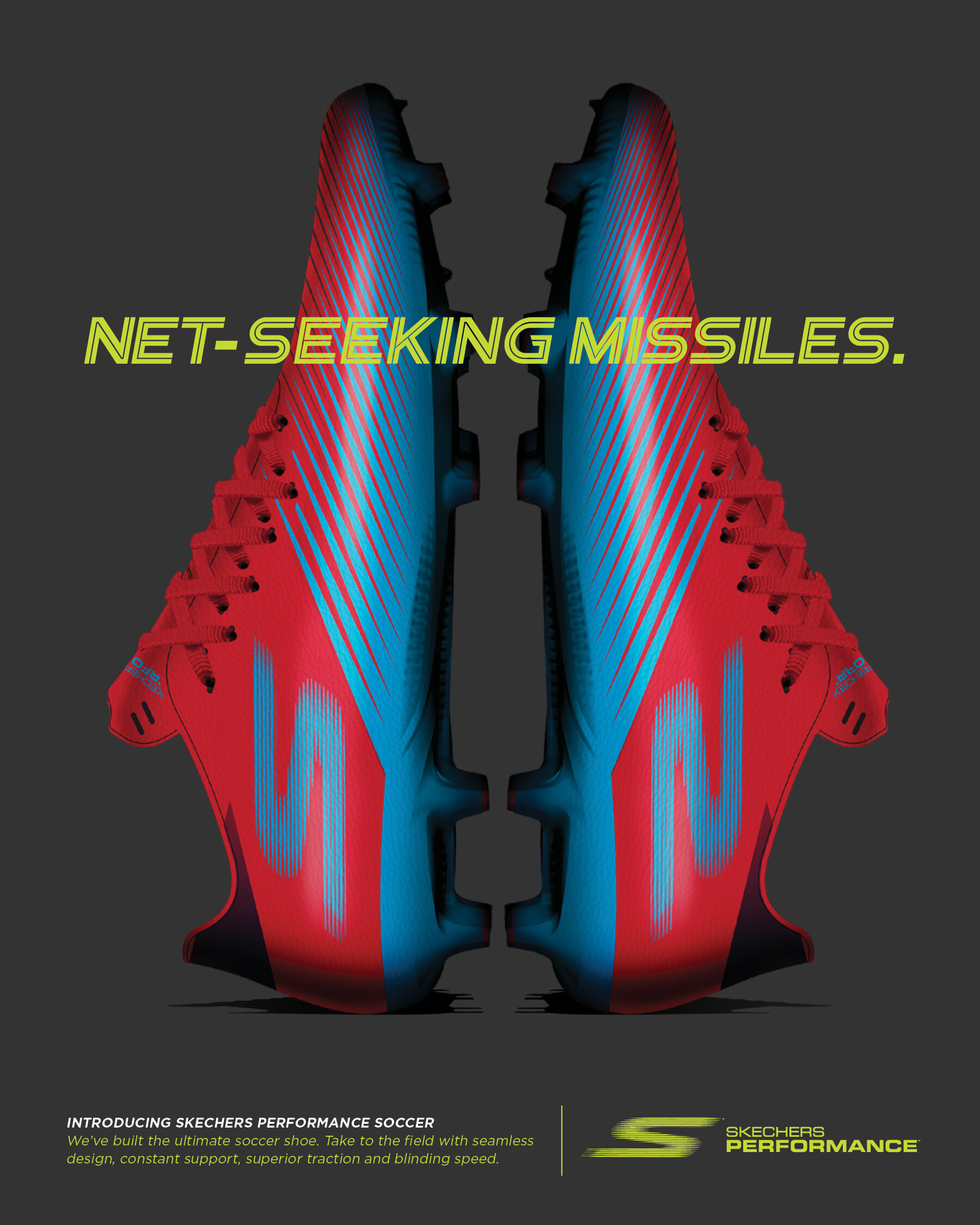 Red and blue soccer cleats with a mirror effect against a dark background, with text promoting Skechers Performance soccer shoes.