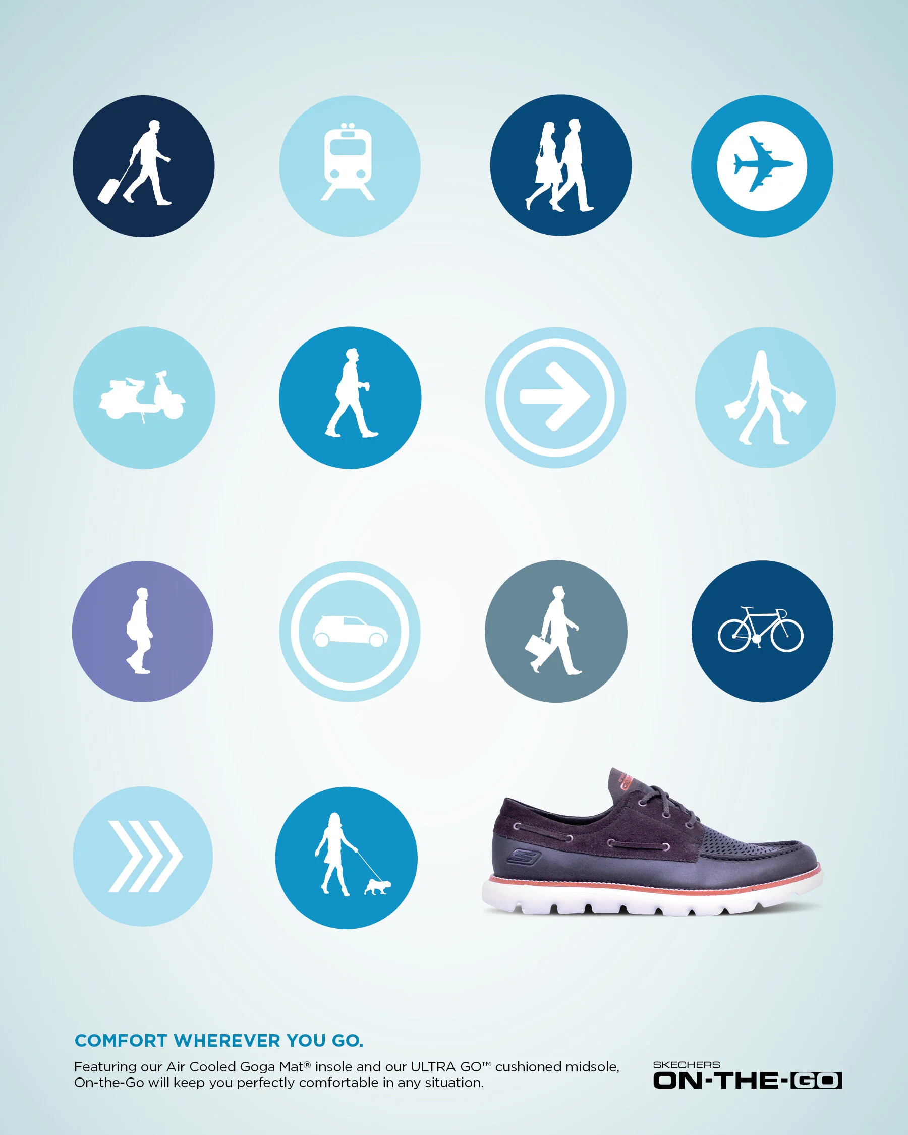 Sneaker on a background of transit icons including a person with luggage, subway, walking, plane, scooter, walking with luggage, right arrow, walking with shopping bags, cyclist, and dog walker, with text about sneaker comfort for travel.