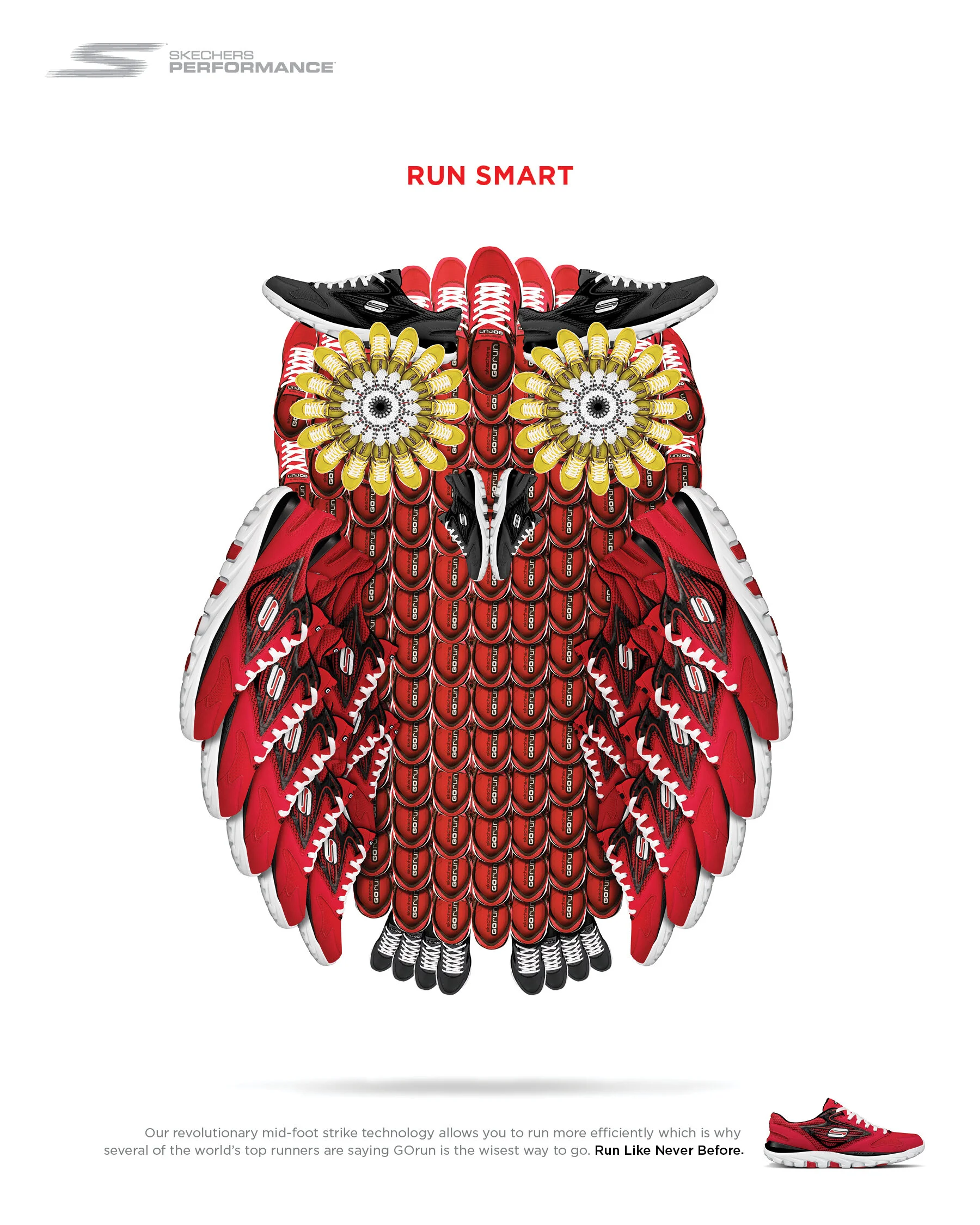 An artistic collage of running shoes, shoe soles, and shoe laces arranged in the shape of an owl, with the brand Skechers Performance and the slogan "Run Smart".