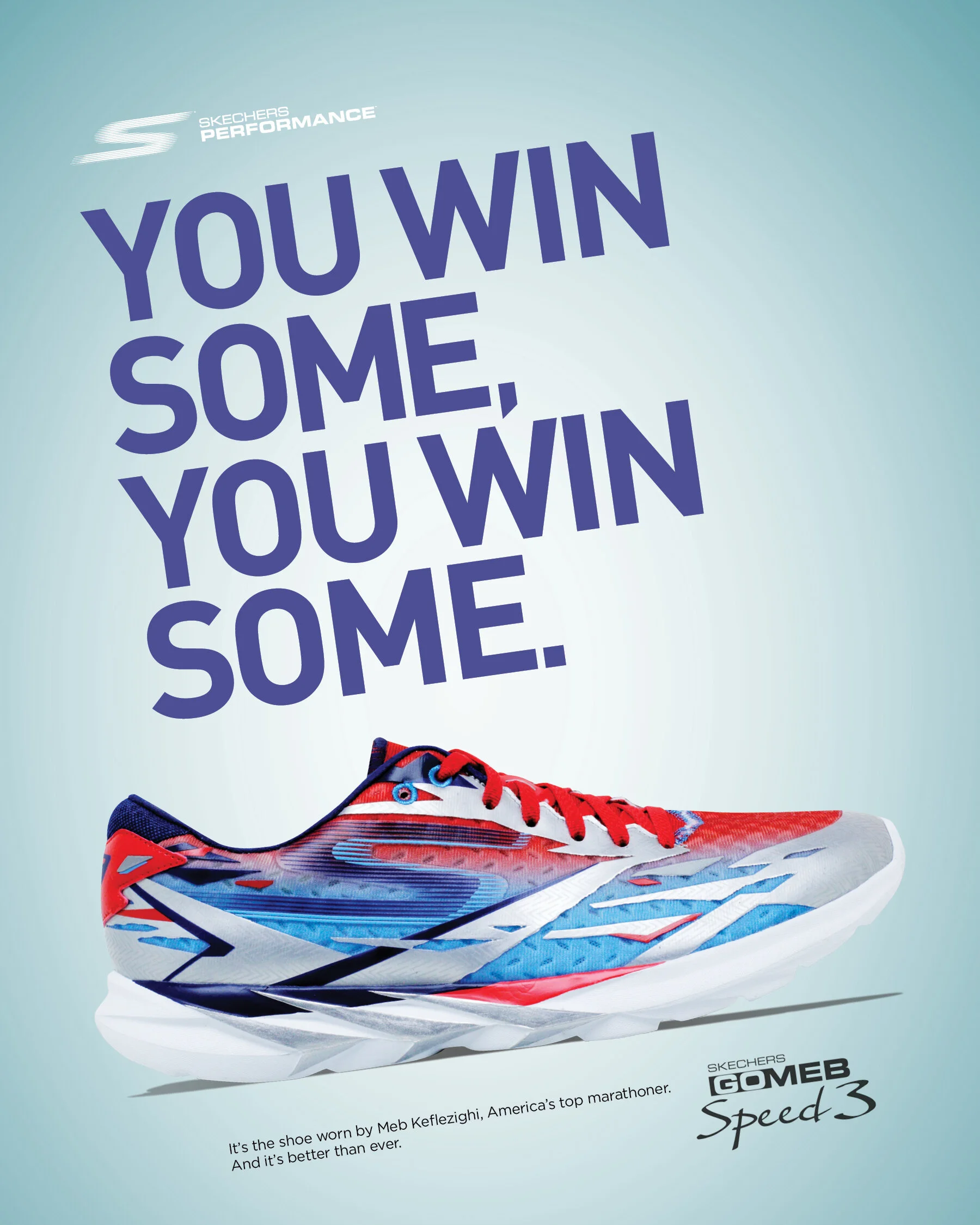 Colorful running shoe with red, blue, black, and white details, positioned at an angle on a light blue background, with text promoting a marathon shoe.