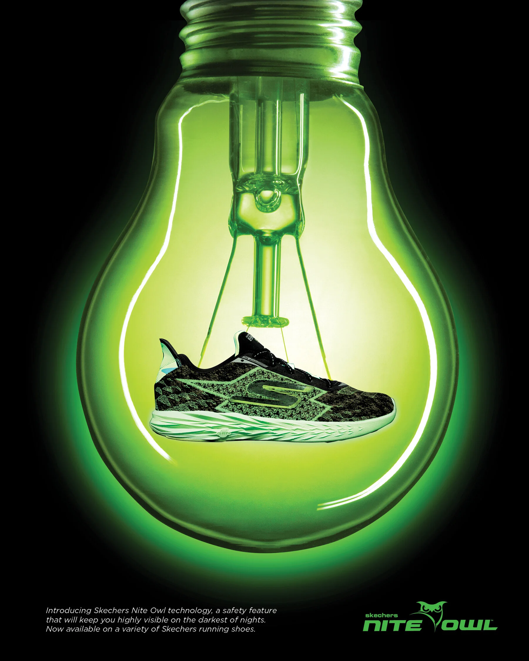 A black and green Skechers running shoe inside a glowing green lightbulb with a black background, advertising Skechers Nite Owl technology for visibility in dark conditions.