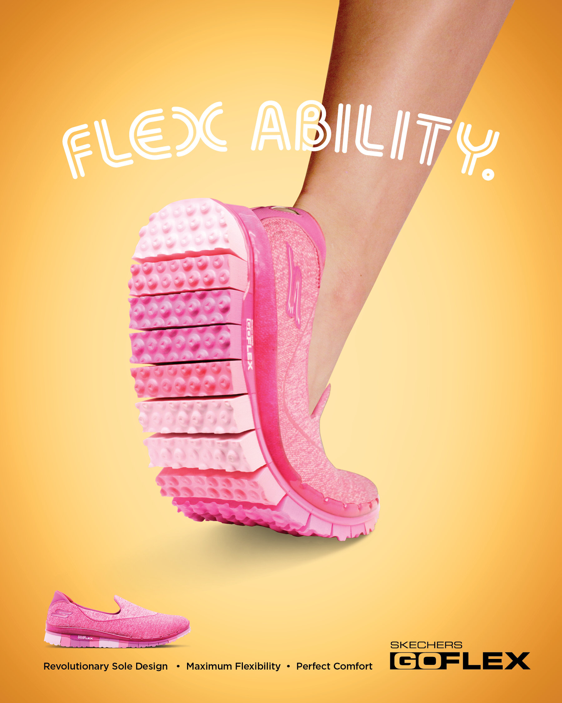 A pink Skechers GO FLEX shoe with a dual-layer sole, shown in a large addition in the center and as a small icon in the lower left corner, against a yellow gradient background. The text reads 'FLEX ABILITY' at the top, with features like 'Revolutiona