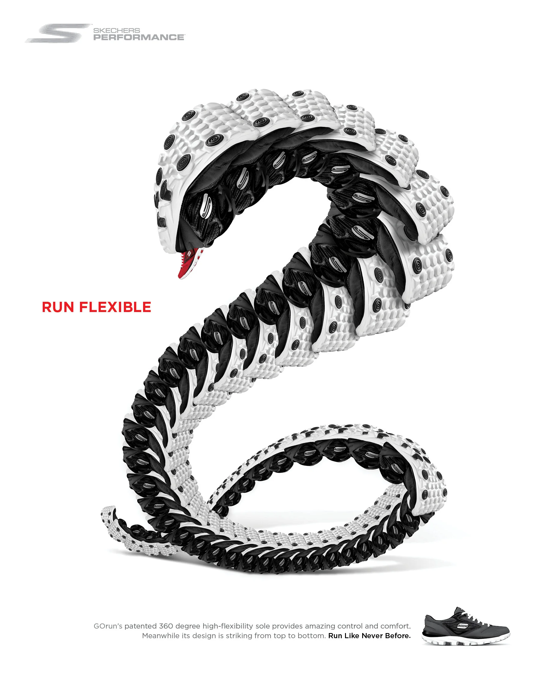 An advertisement showing a black and white Skechers GOrun performance shoe with a flexible sole, arranged in the shape of a number 2 against a white background. The text reads 'RUN FLEXIBLE' and describes the shoe's 360-degree high-flexibility sole f