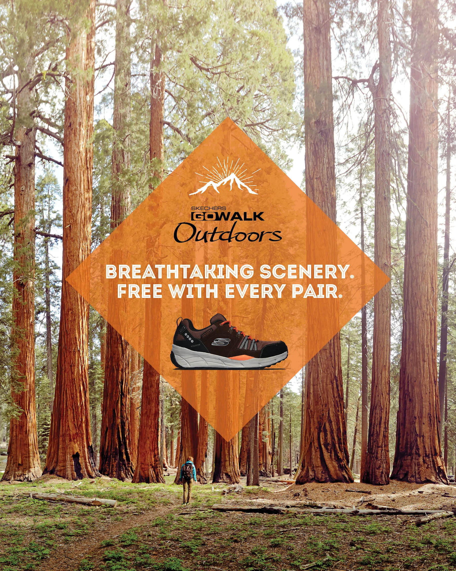 A person walking through a forest of tall trees with a promotional overlay for Skechers Gowalk Outdoors shoes featuring a shoe image, mountain logo, and text about scenery and free pairs.