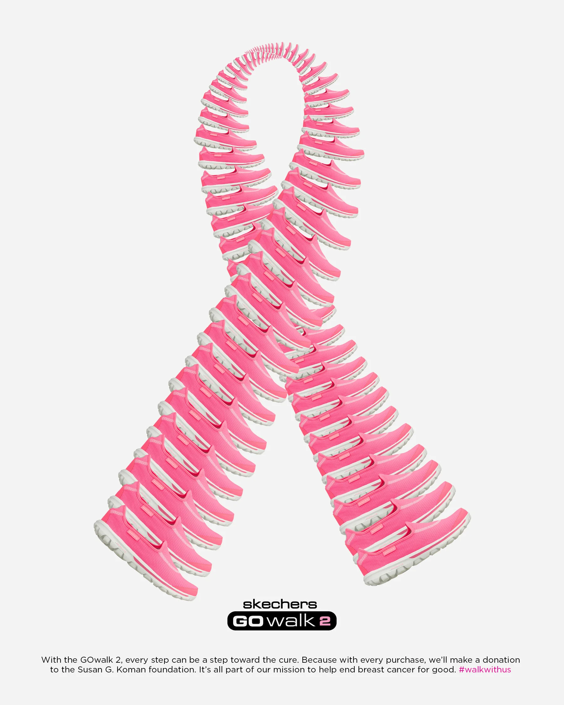Pink Skechers GOwalk 2 shoes arranged in a ribbon shape on a white background, with text promoting breast cancer awareness and donation support.