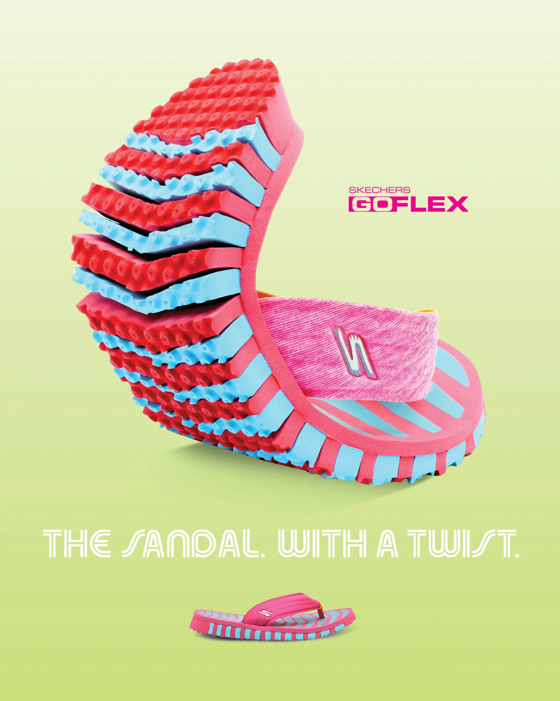 An advertising image for Skechers GOFLEX sandals showing a large, colorful flip-flop with textured red and blue sole, a pink strap, and the Skechers logo. Smaller flip-flops underneath form a pattern, with the tagline 'The sandal with a twist' at the